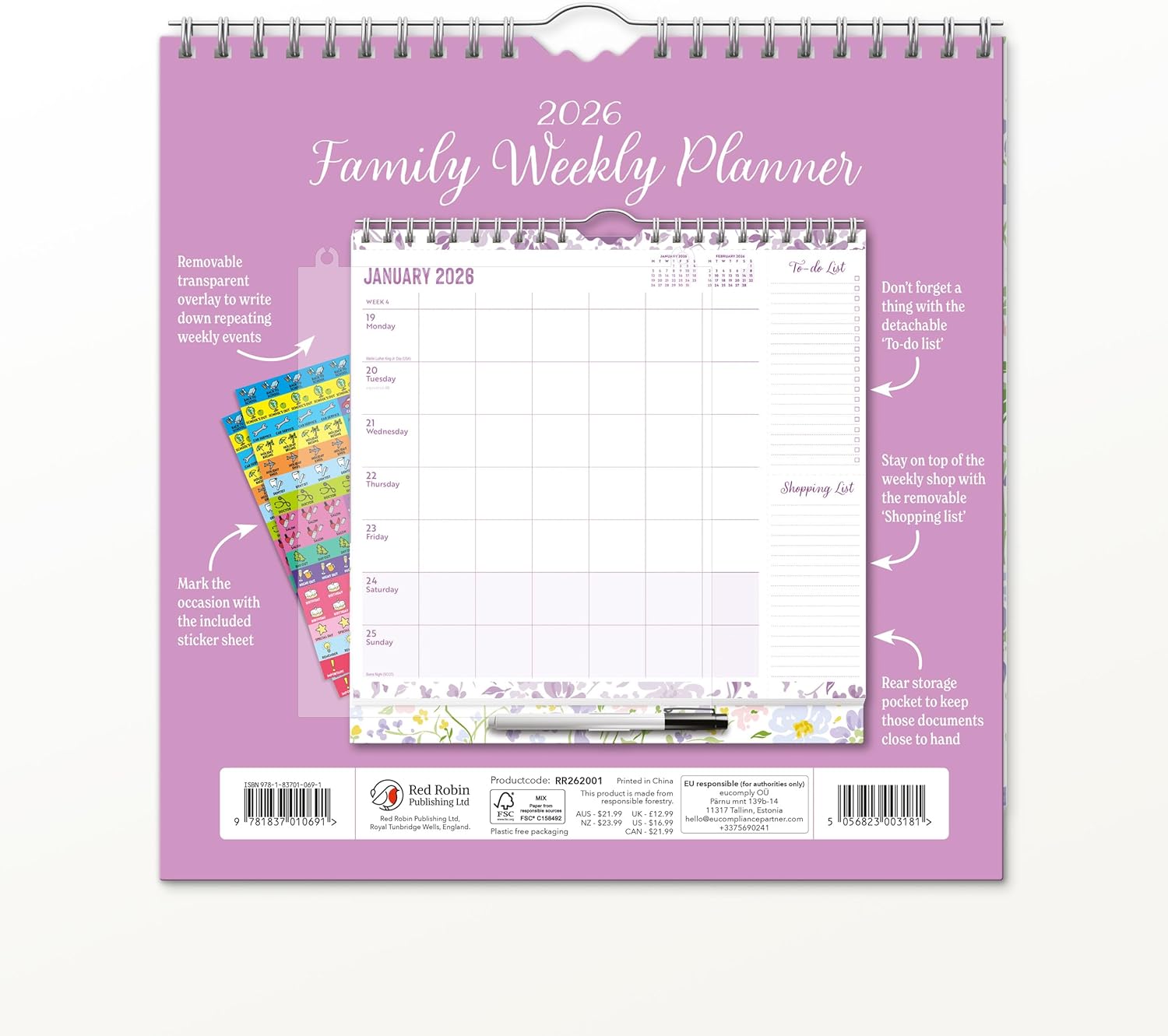 Red Robin 2026 Weekly Family Planner | Includes Pen & Stickers | 12" x 24" Open | Premium Thick & Sturdy Paper | Hangable 12 Month Calendar | Lined Notes & To Do Area | Plastic Free