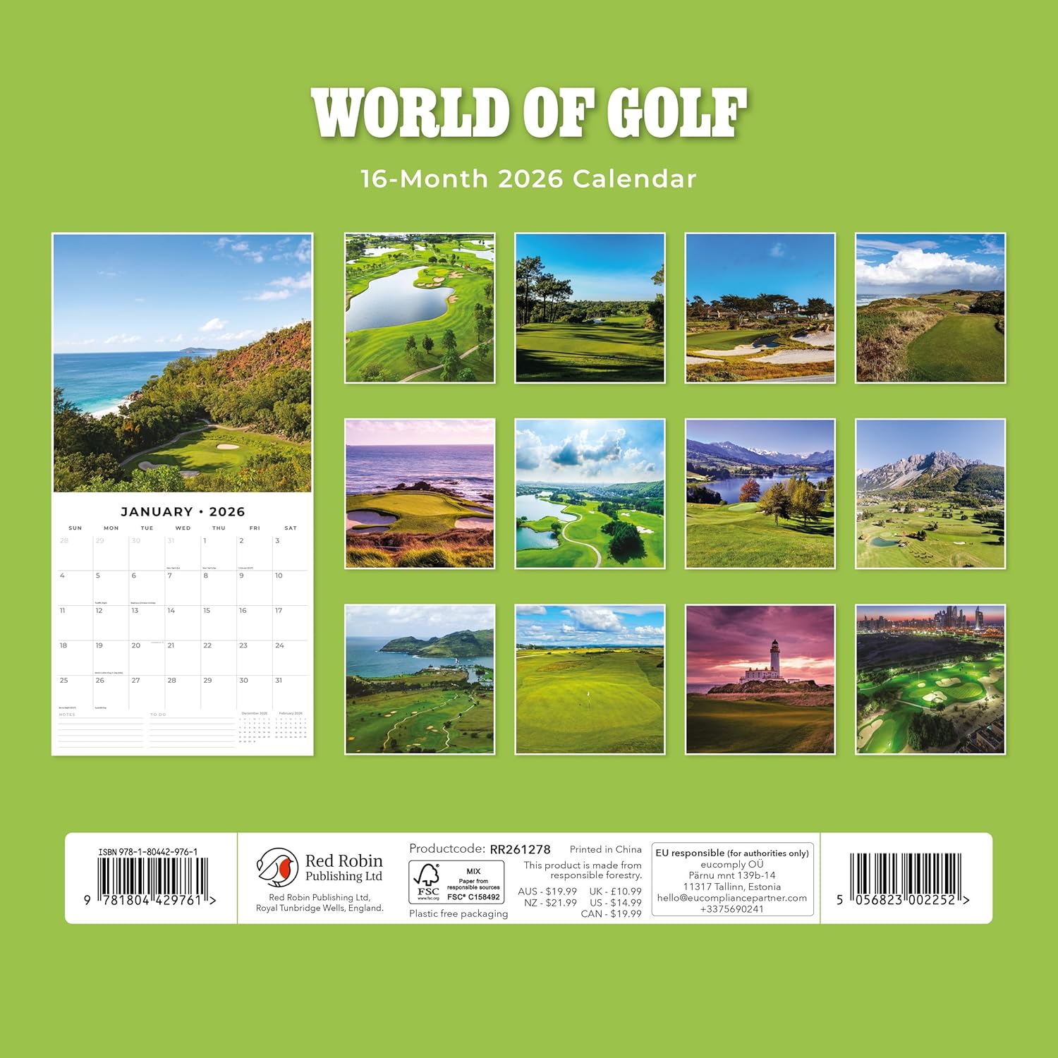 Red Robin 2026 World of Golf Monthly Wall Calendar | 12" x 24" Open | Premium Thick & Sturdy Paper | Hangable 12 Month Calendar | Lined Notes & To Do Area | Vivid Images | Plastic Free