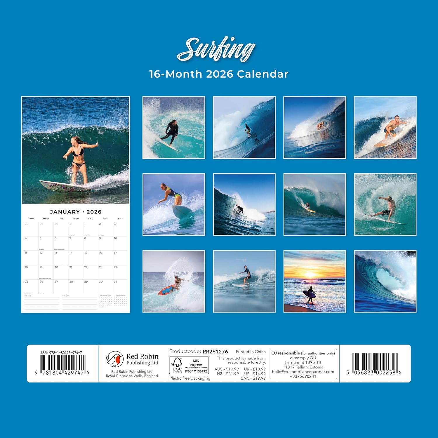 Red Robin 2026 Surfing Monthly Wall Calendar | 12" x 24" Open | Premium Thick & Sturdy Paper | Hangable 12 Month Calendar | Lined Notes & To Do Area | Vivid Images | Plastic Free