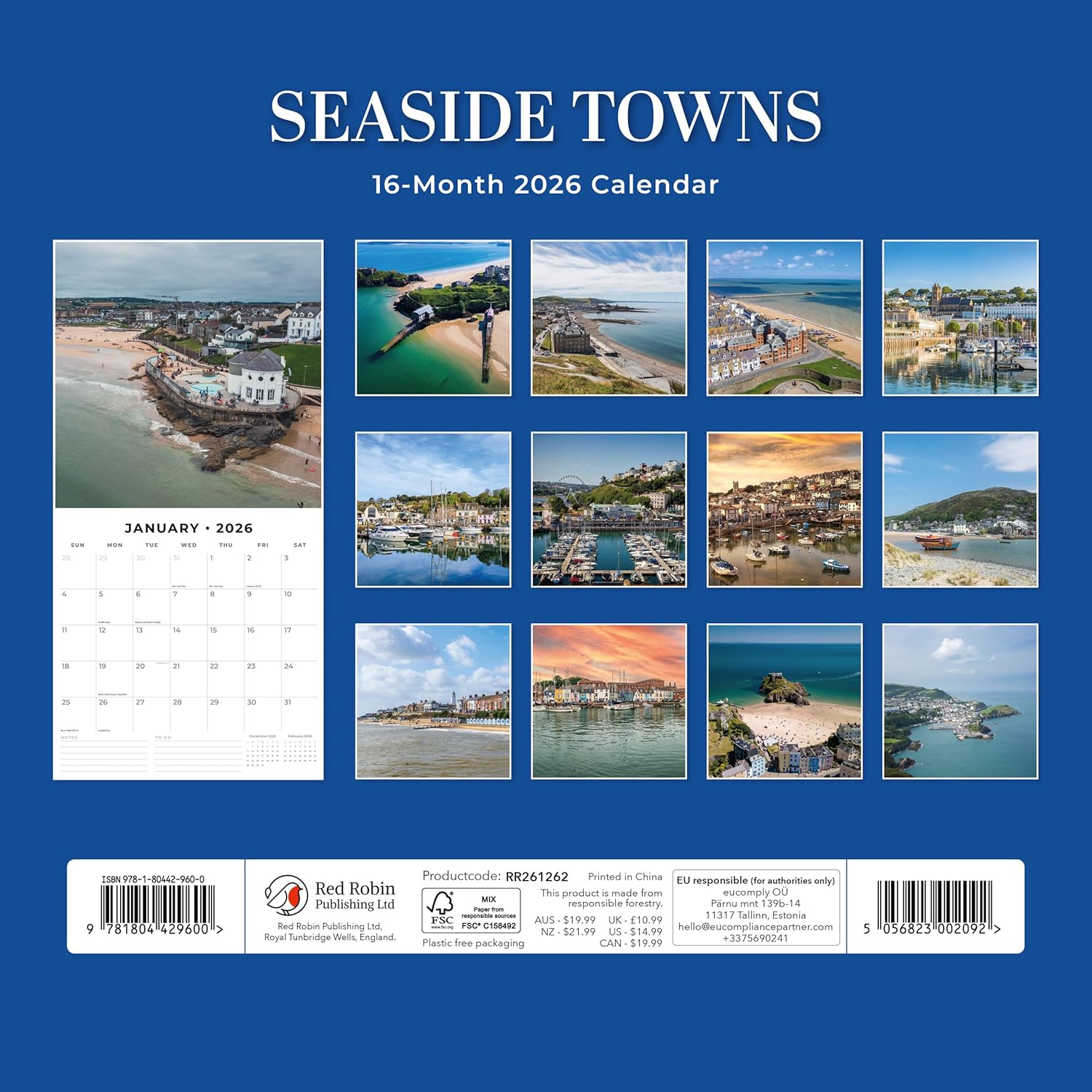 Red Robin 2026 Seaside Towns Monthly Wall Calendar | 12" x 24" Open | Premium Thick & Sturdy Paper | Hangable 12 Month Calendar | Lined Notes & To Do Area | Vivid Images | Plastic Free