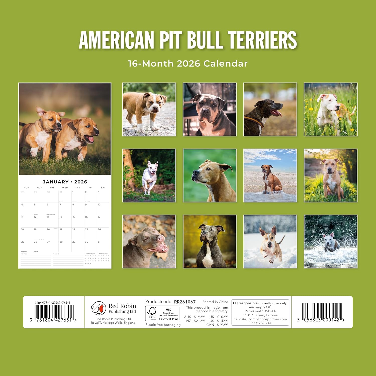 Red Robin 2026 American Pit Bull Terriers Monthly Wall Calendar | 12" x 24" Open | Premium Thick & Sturdy Paper | Hangable 12 Month Calendar | Lined Notes & To Do Area | Vivid Images | Plastic Free