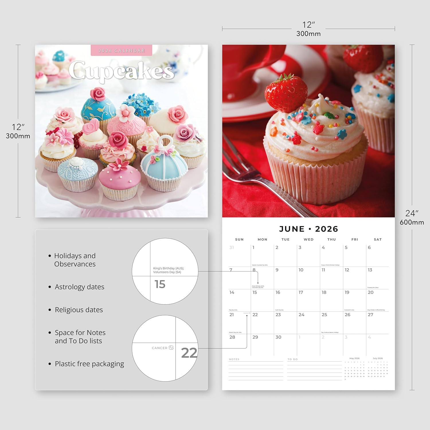 Red Robin 2026 Cupcakes Monthly Wall Calendar | 12" x 24" Open | Premium Thick & Sturdy Paper | Hangable 12 Month Calendar | Lined Notes & To Do Area | Vivid Images | Plastic Free