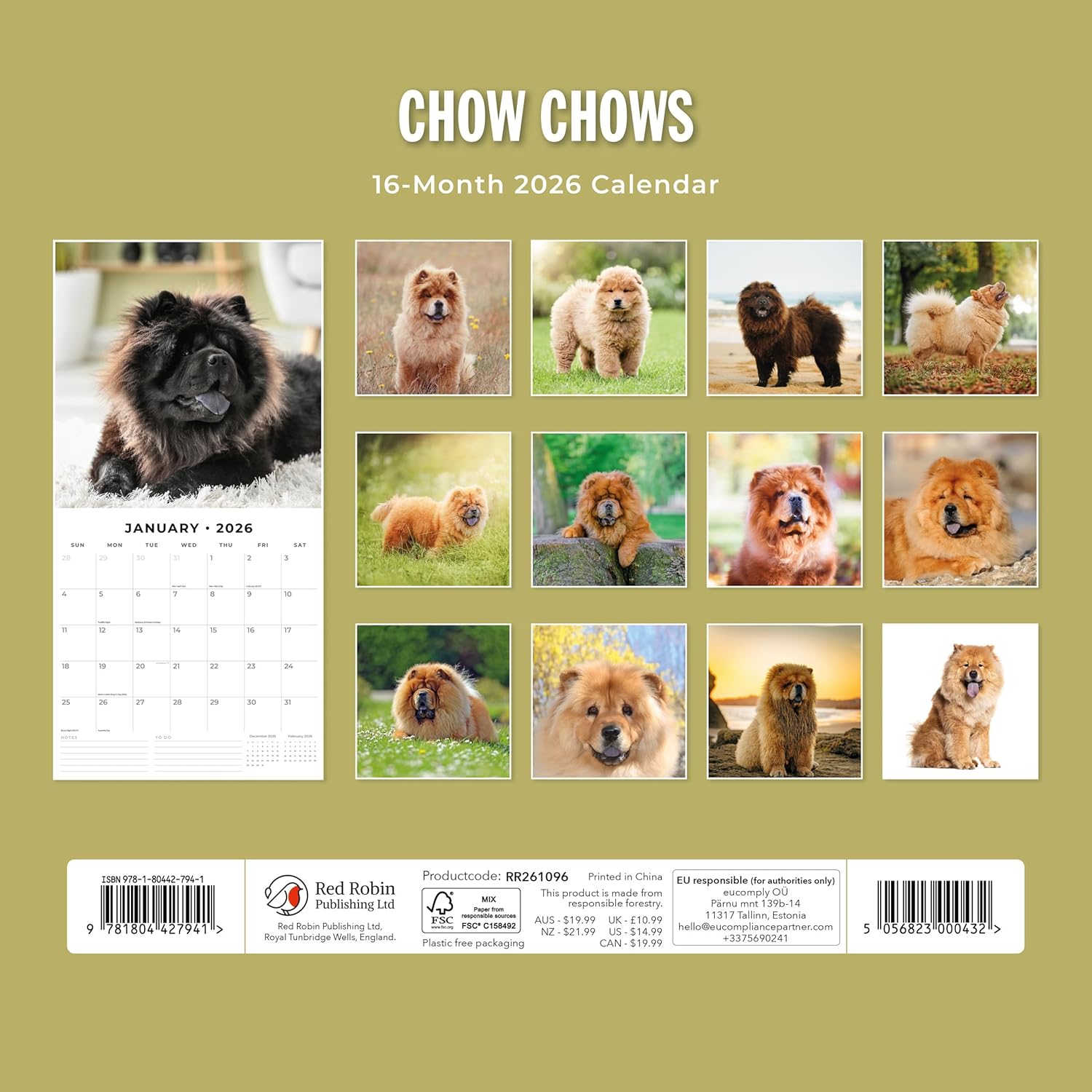 Red Robin 2026 Chow Chows Monthly Wall Calendar | 12" x 24" Open | Premium Thick & Sturdy Paper | Hangable 12 Month Calendar | Lined Notes & To Do Area | Vivid Images | Plastic Free