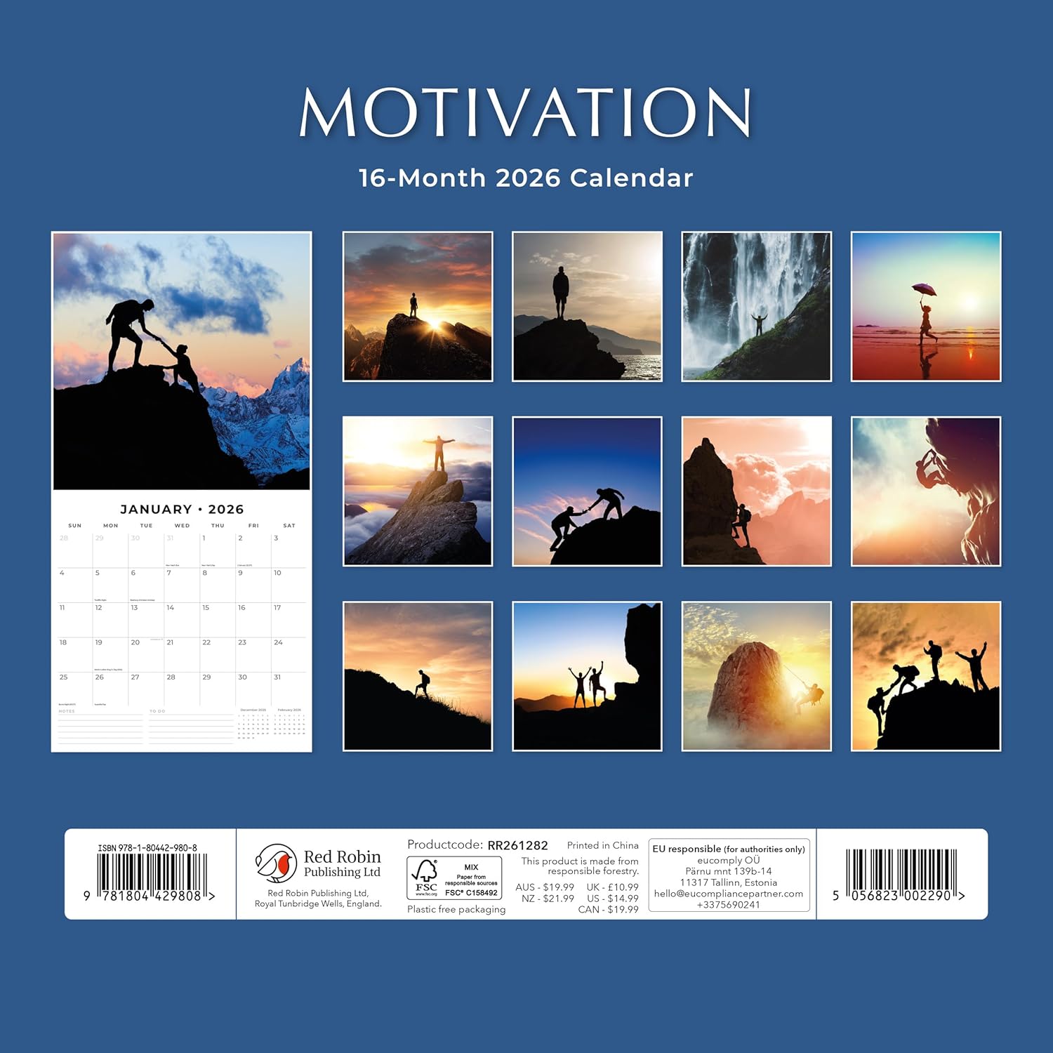 Red Robin 2026 Motivation Monthly Wall Calendar | 12" x 24" Open | Premium Thick & Sturdy Paper | Hangable 12 Month Calendar | Lined Notes & To Do Area | Vivid Images | Plastic Free