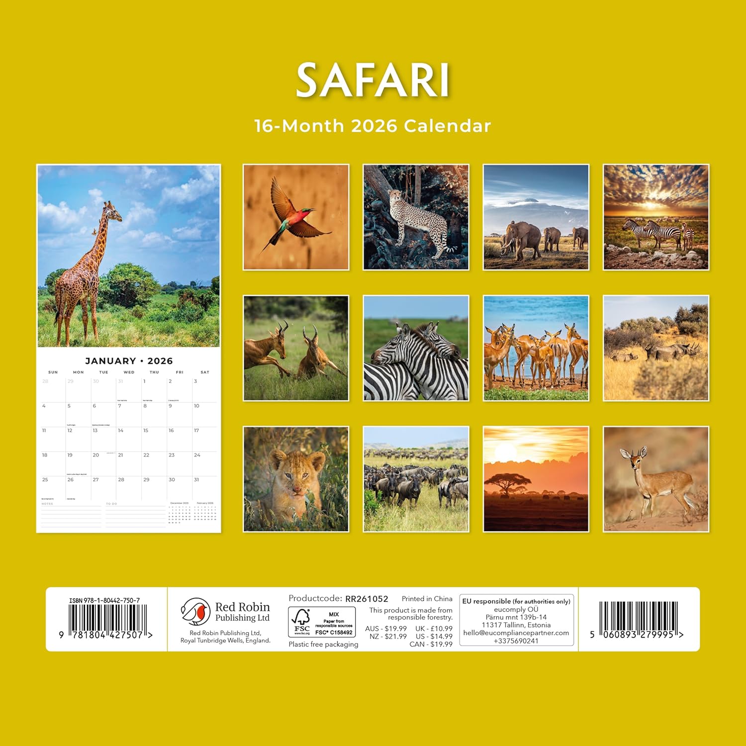 Red Robin 2026 Safari Monthly Wall Calendar | 12" x 24" Open | Premium Thick & Sturdy Paper | Hangable 12 Month Calendar | Lined Notes & To Do Area | Vivid Images | Plastic Free