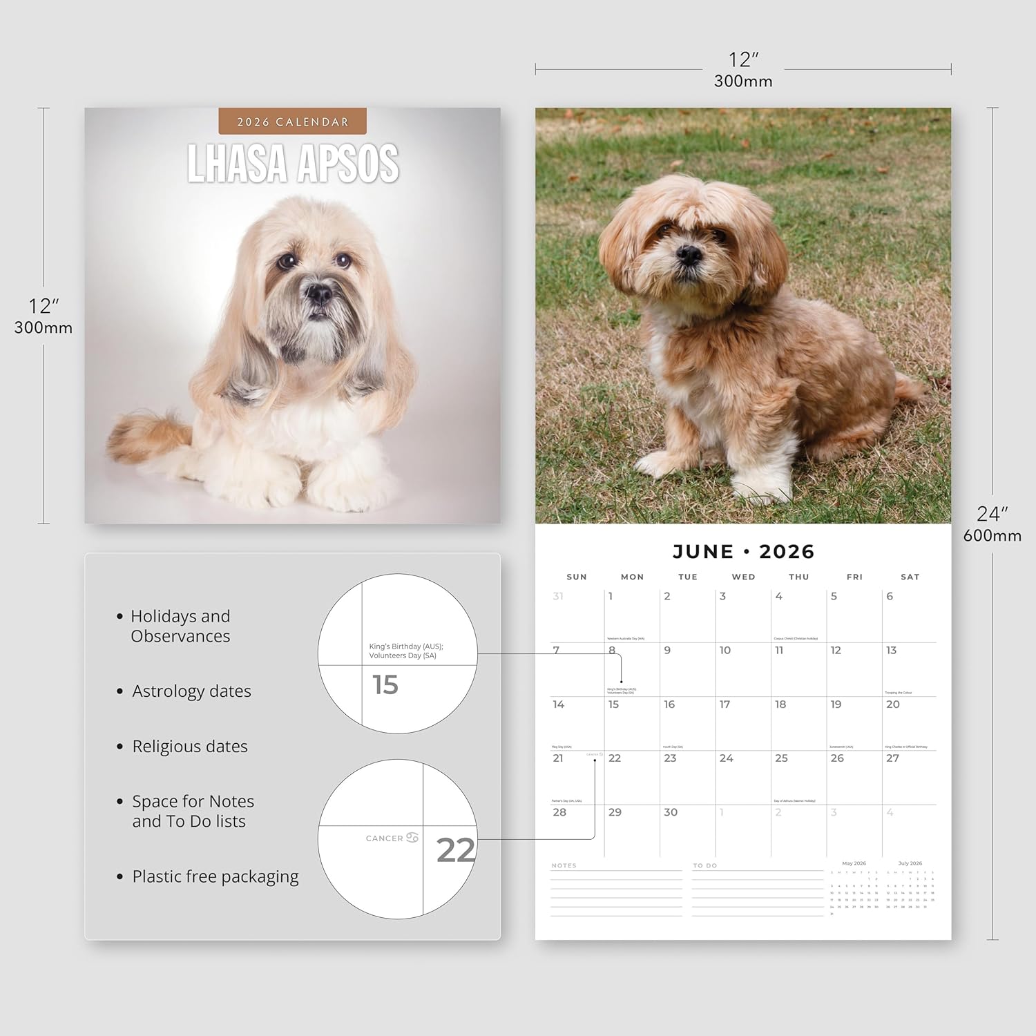Red Robin 2026 Lhasa Apsos Monthly Wall Calendar | 12" x 24" Open | Premium Thick & Sturdy Paper | Hangable 12 Month Calendar | Lined Notes & To Do Area | Vivid Images | Plastic Free