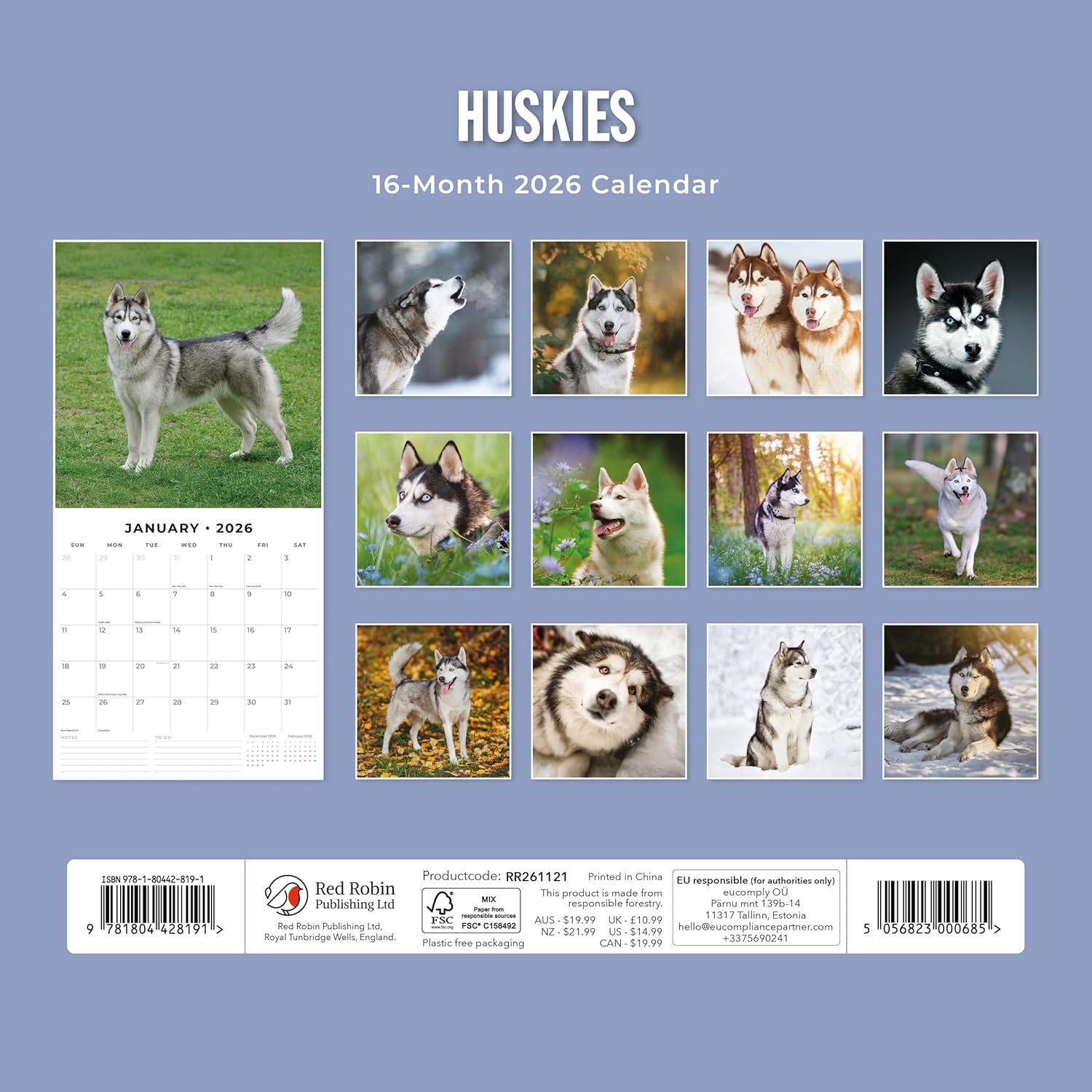 Red Robin 2026 Huskies Monthly Wall Calendar | 12" x 24" Open | Premium Thick & Sturdy Paper | Hangable 12 Month Calendar | Lined Notes & To Do Area | Vivid Images | Plastic Free