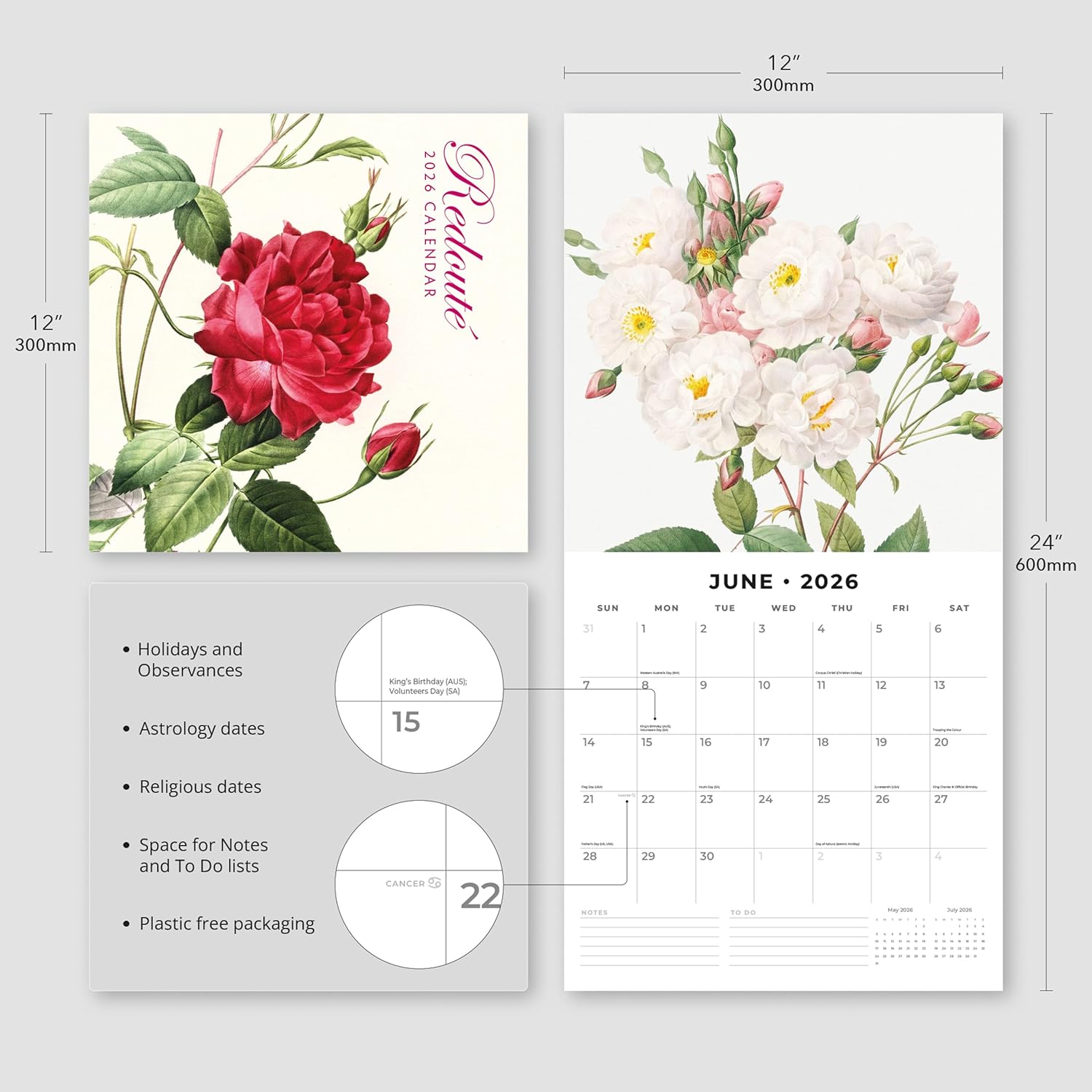 Red Robin 2026 Redoute Monthly Wall Calendar | 12" x 24" Open | Premium Thick & Sturdy Paper | Hangable 12 Month Calendar | Lined Notes & To Do Area | Vivid Images | Plastic Free