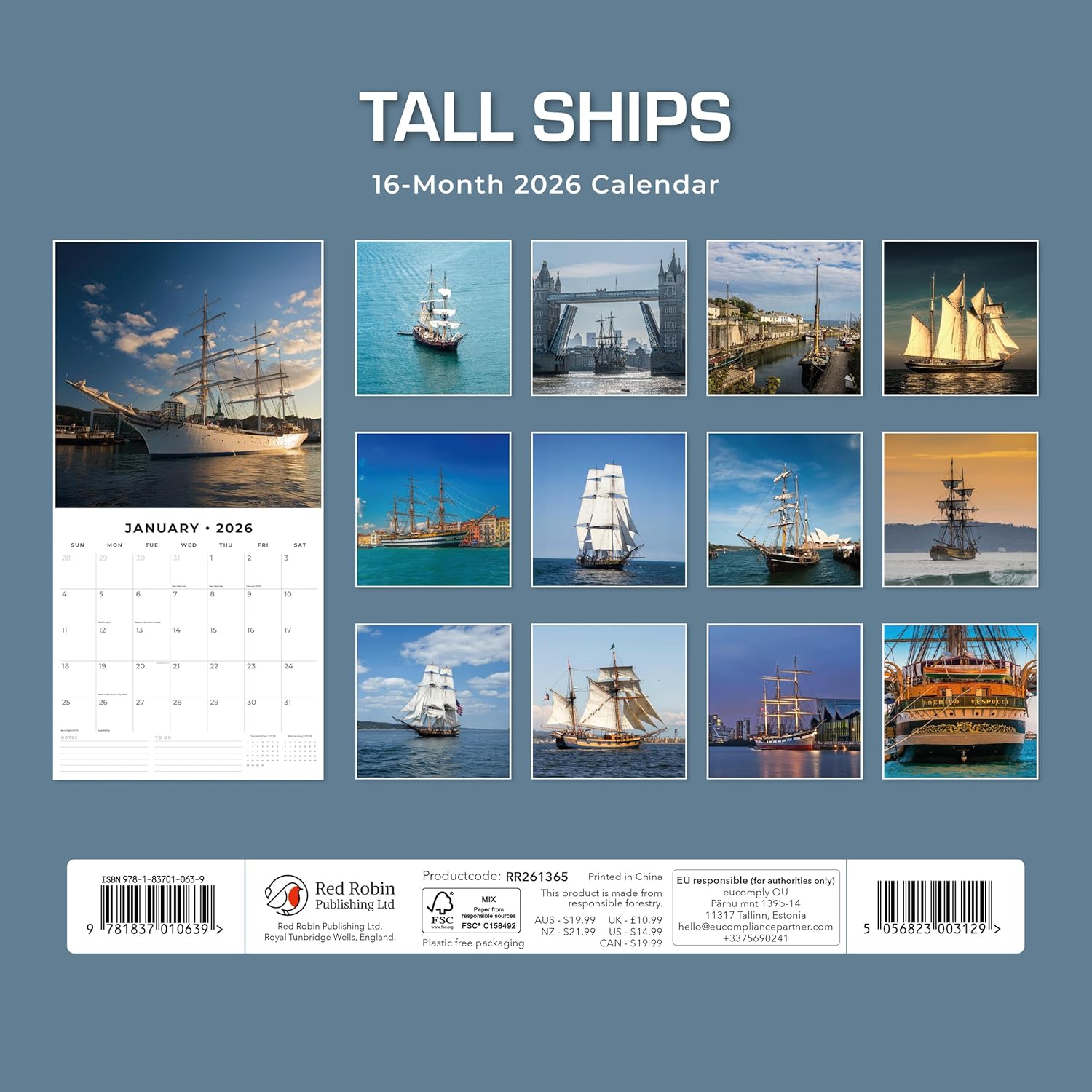Red Robin 2026 Tall Ships Monthly Wall Calendar | 12" x 24" Open | Premium Thick & Sturdy Paper | Hangable 12 Month Calendar | Lined Notes & To Do Area | Vivid Images | Plastic Free
