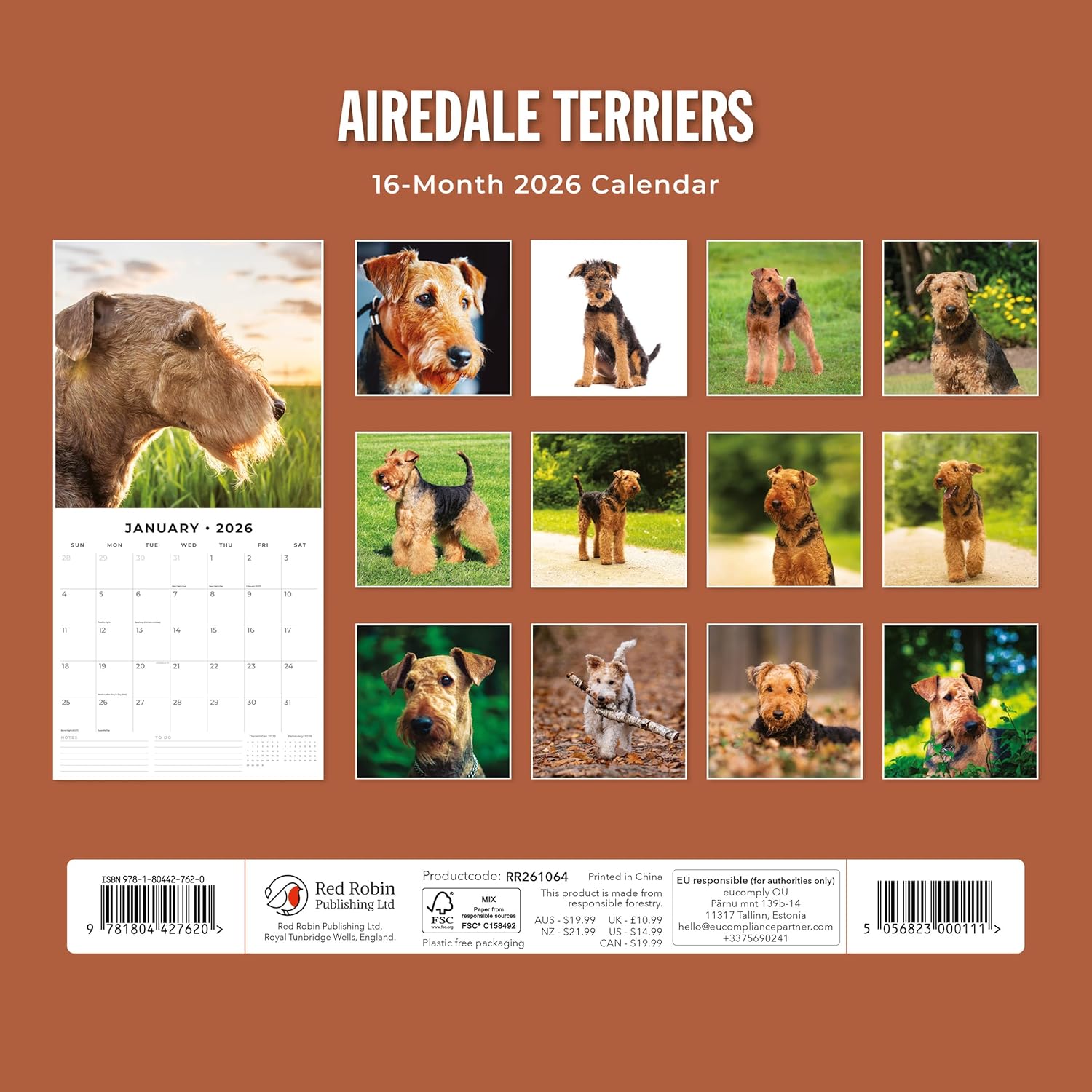 Red Robin 2026 Airedale Terriers Monthly Wall Calendar | 12" x 24" Open | Premium Thick & Sturdy Paper | Hangable 12 Month Calendar | Lined Notes & To Do Area | Vivid Images | Plastic Free