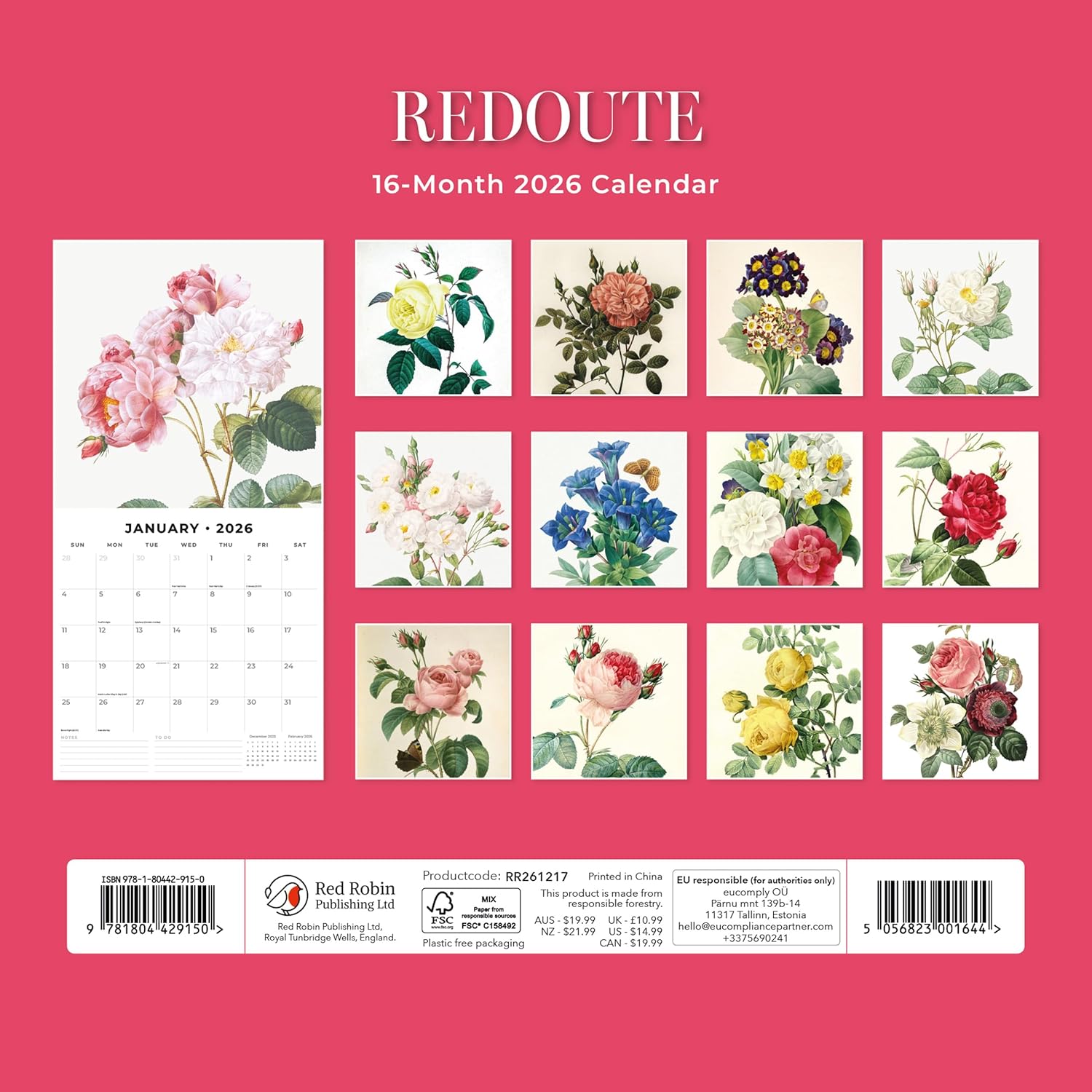 Red Robin 2026 Redoute Monthly Wall Calendar | 12" x 24" Open | Premium Thick & Sturdy Paper | Hangable 12 Month Calendar | Lined Notes & To Do Area | Vivid Images | Plastic Free