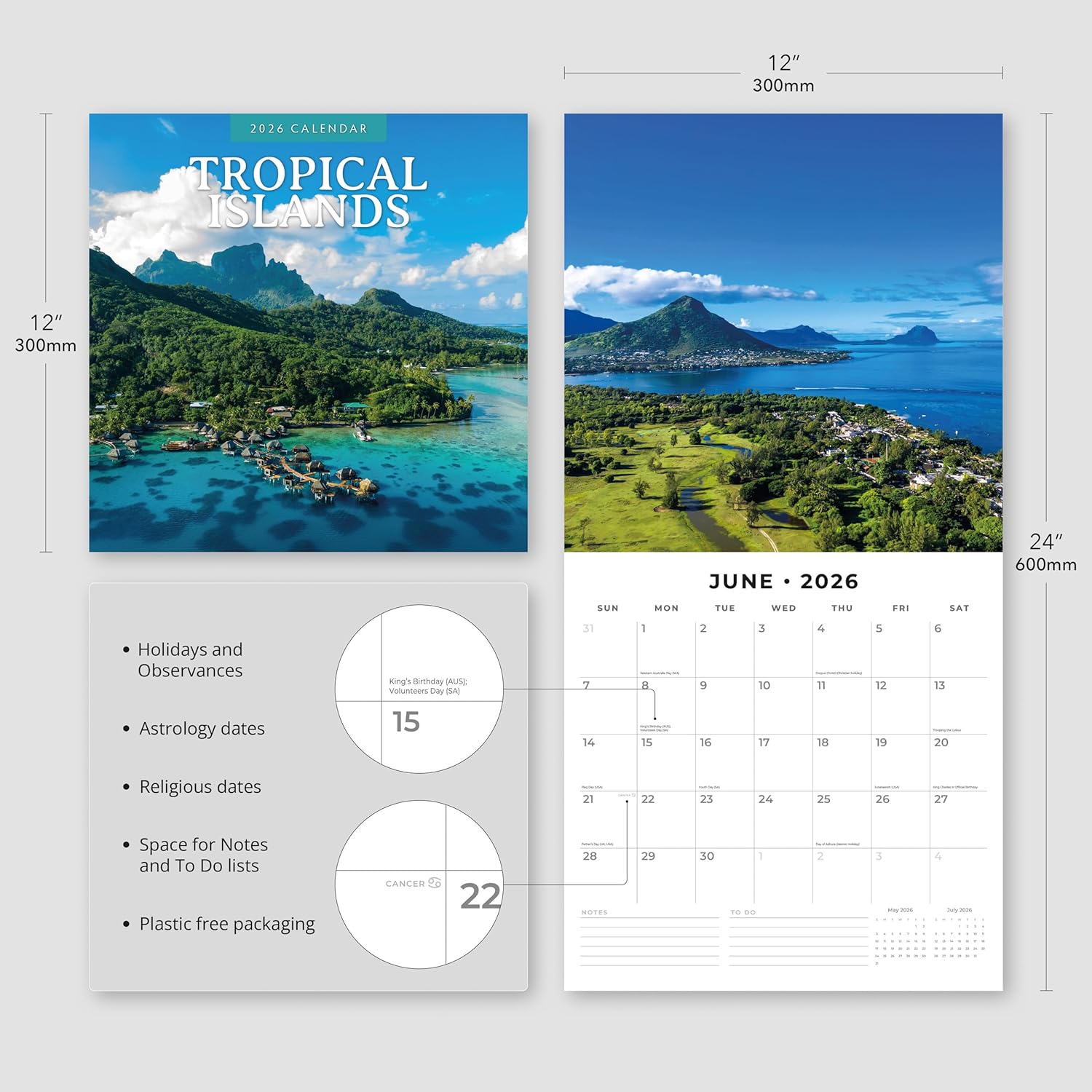 Red Robin 2026 Tropical Islands Monthly Wall Calendar | 12" x 24" Open | Premium Thick & Sturdy Paper | Hangable 12 Month Calendar | Lined Notes & To Do Area | Vivid Images | Plastic Free
