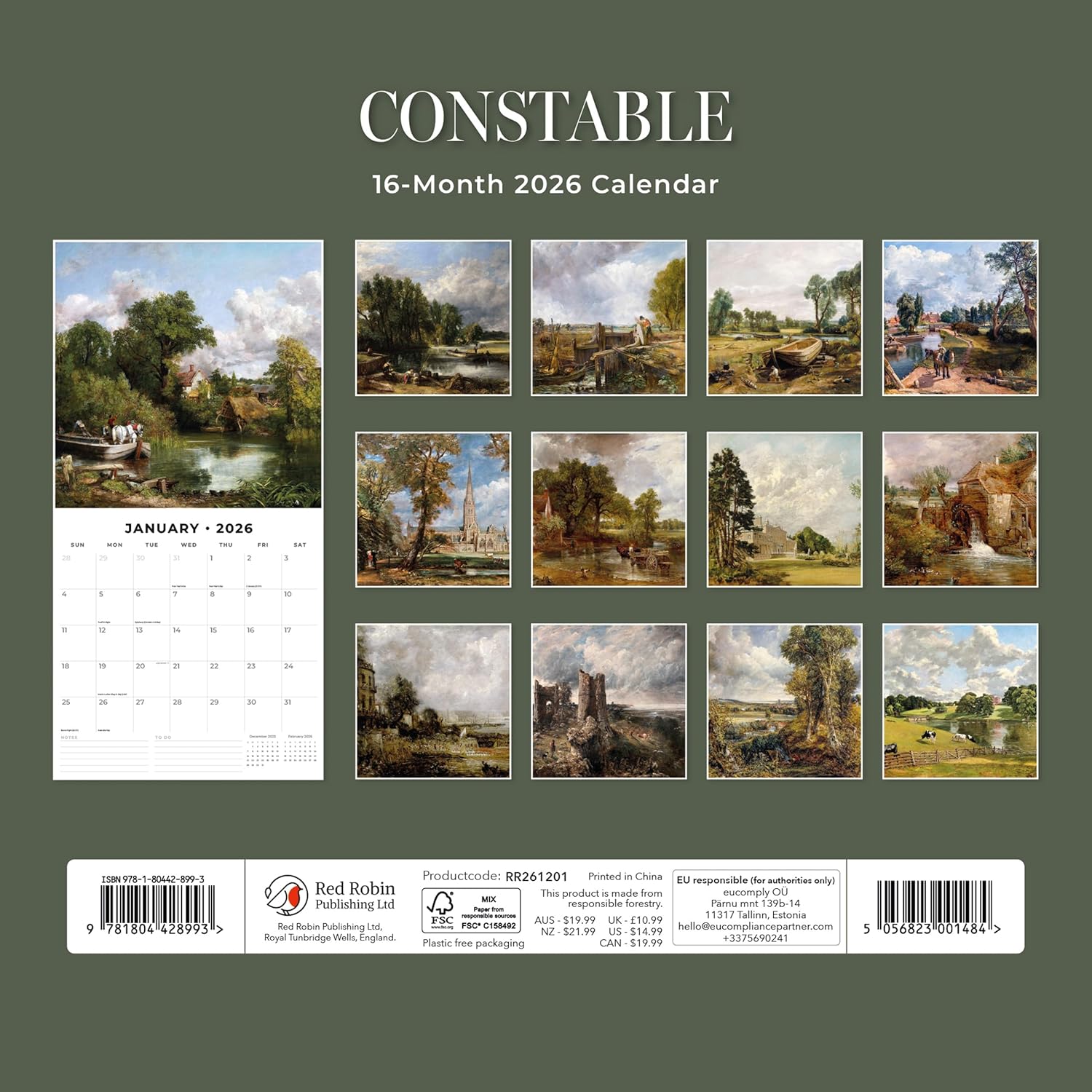 Red Robin 2026 Constable Monthly Wall Calendar | 12" x 24" Open | Premium Thick & Sturdy Paper | Hangable 12 Month Calendar | Lined Notes & To Do Area | Vivid Images | Plastic Free