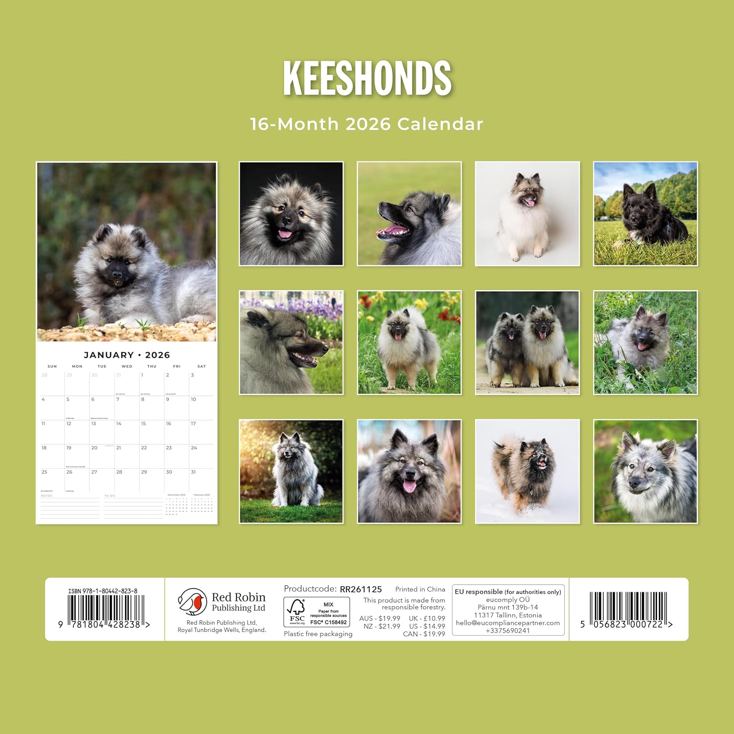 Red Robin 2026 Keeshonds Monthly Wall Calendar | 12" x 24" Open | Premium Thick & Sturdy Paper | Hangable 12 Month Calendar | Lined Notes & To Do Area | Vivid Images | Plastic Free