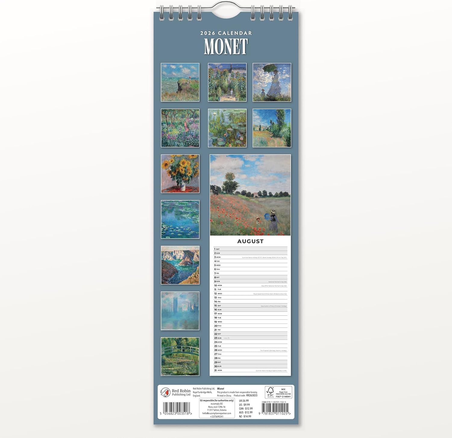 Red Robin 2026 Monet Monthly Slim Calendar | 6" x 16" Open | Premium Thick & Sturdy Paper | Tall Hangable 12 Month Calendar | Vivid Images | Plastic Free | Wire Spiral