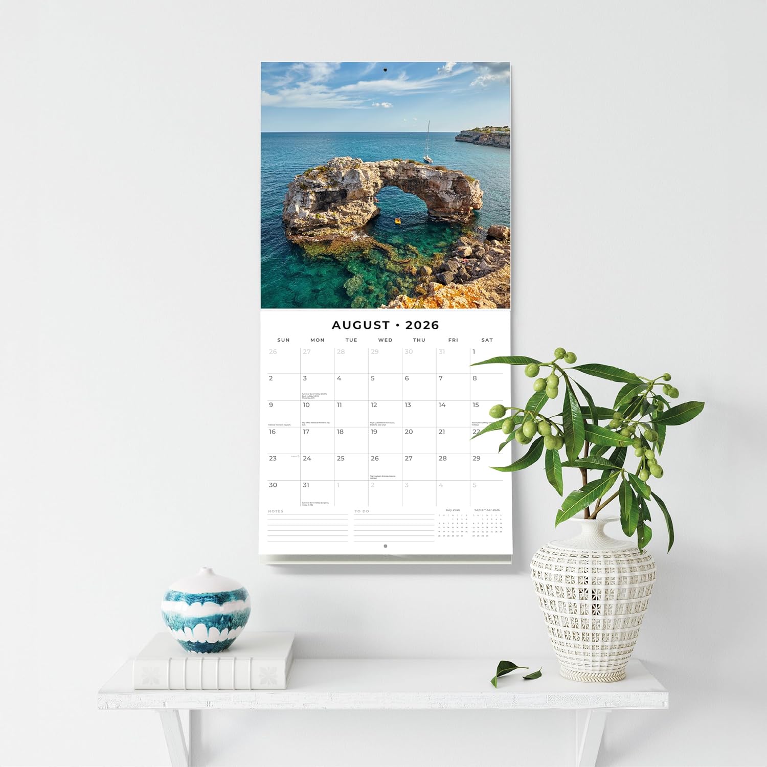 Red Robin 2026 Mediterranean Monthly Wall Calendar | 12" x 24" Open | Premium Thick & Sturdy Paper | Hangable 12 Month Calendar | Lined Notes & To Do Area | Vivid Images | Plastic Free