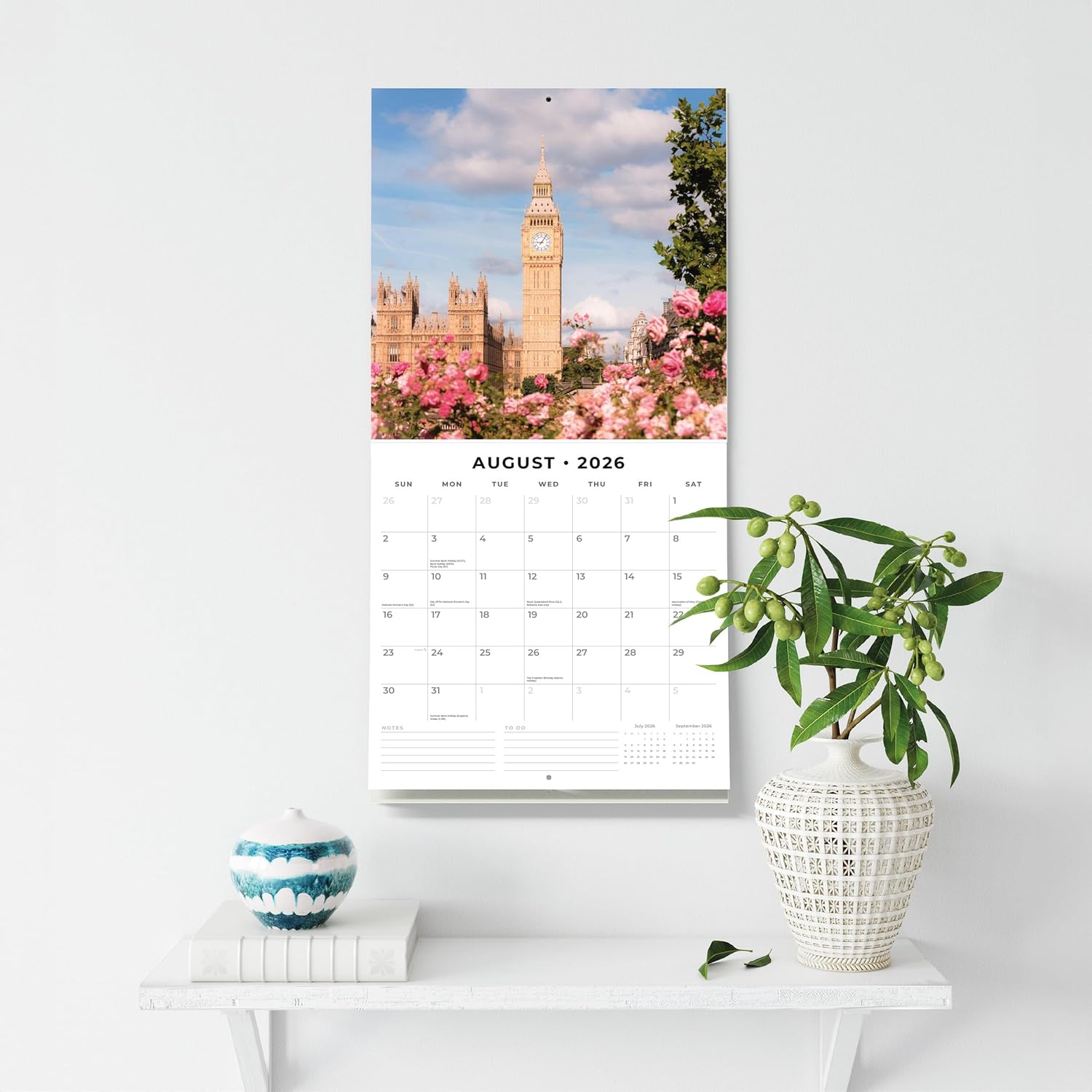 Red Robin 2026 London Monthly Wall Calendar | 12" x 24" Open | Premium Thick & Sturdy Paper | Hangable 12 Month Calendar | Lined Notes & To Do Area | Vivid Images | Plastic Free