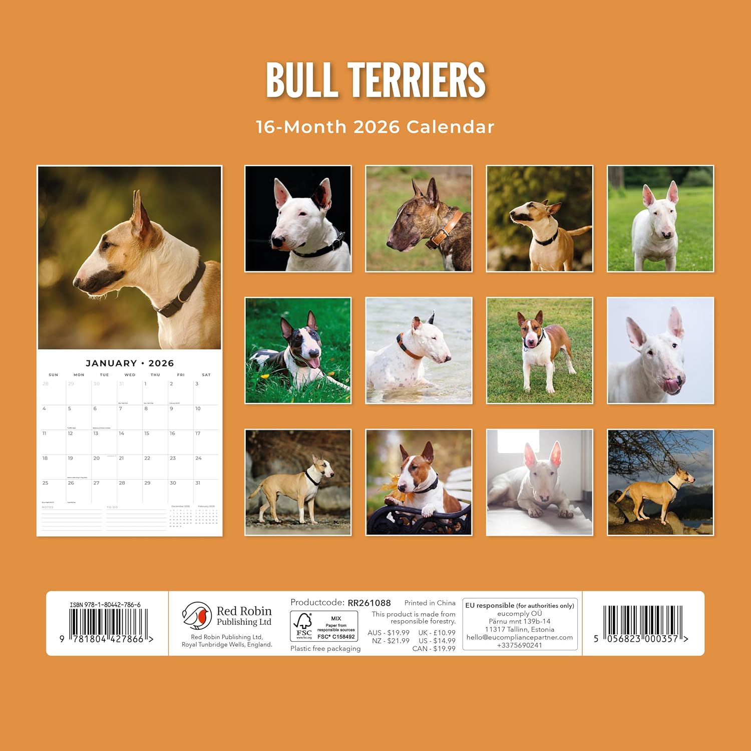 Red Robin 2026 Bull Terriers Monthly Wall Calendar | 12" x 24" Open | Premium Thick & Sturdy Paper | Hangable 12 Month Calendar | Lined Notes & To Do Area | Vivid Images | Plastic Free