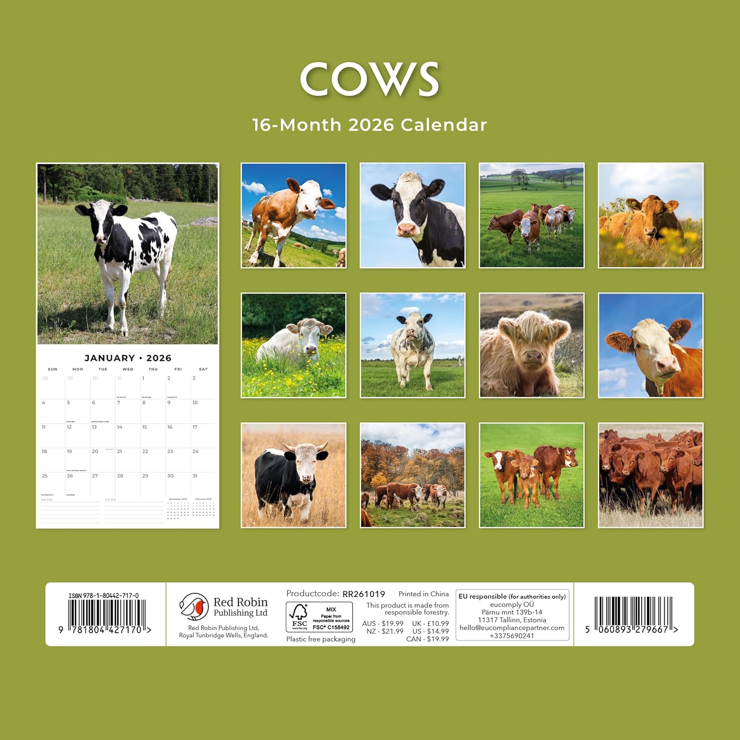 Red Robin 2026 Cows Monthly Wall Calendar | 12" x 24" Open | Premium Thick & Sturdy Paper | Hangable 12 Month Calendar | Lined Notes & To Do Area | Vivid Images | Plastic Free