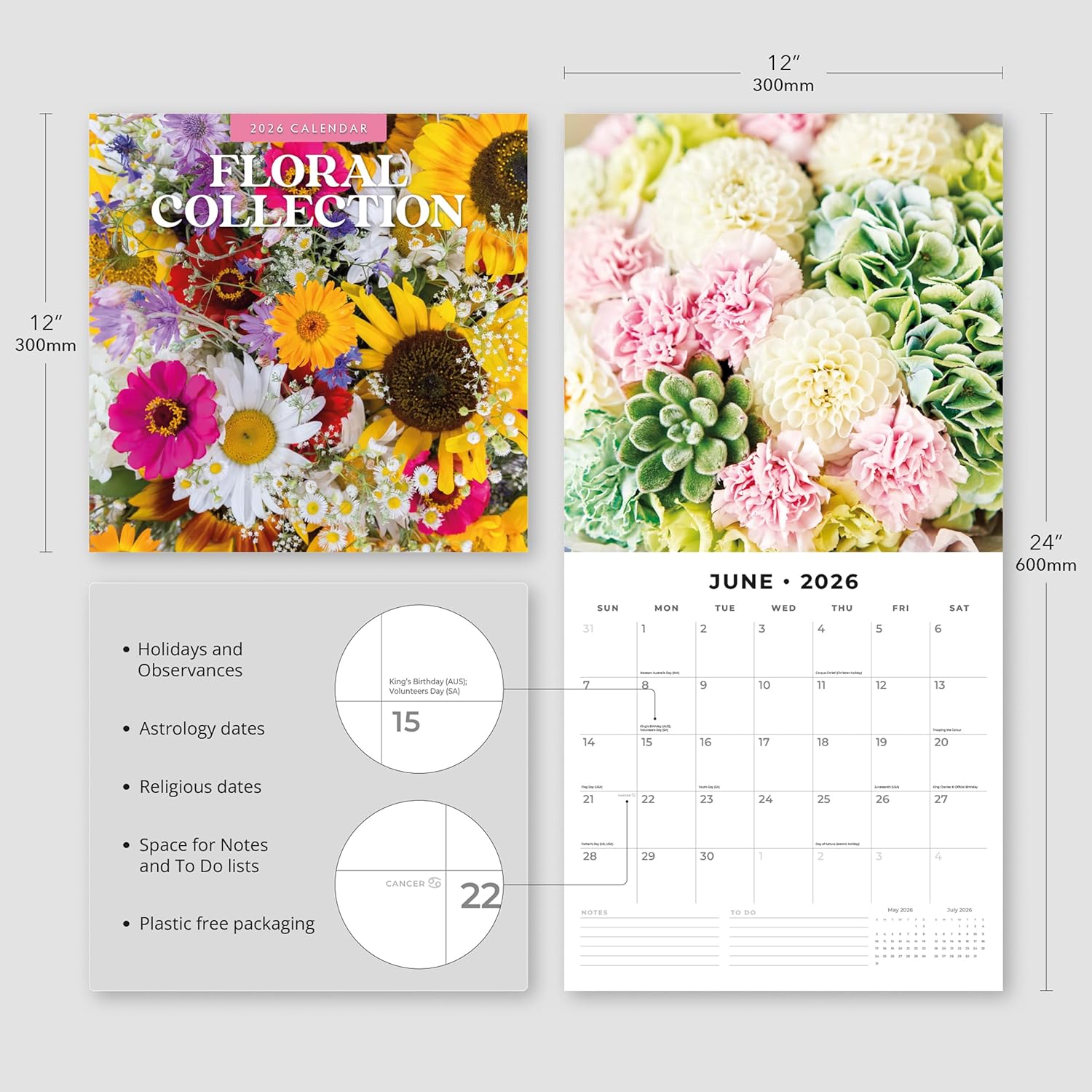 Red Robin 2026 Floral Collection Monthly Wall Calendar | 12" x 24" Open | Premium Thick & Sturdy Paper | Hangable 12 Month Calendar | Lined Notes & To Do Area | Vivid Images | Plastic Free