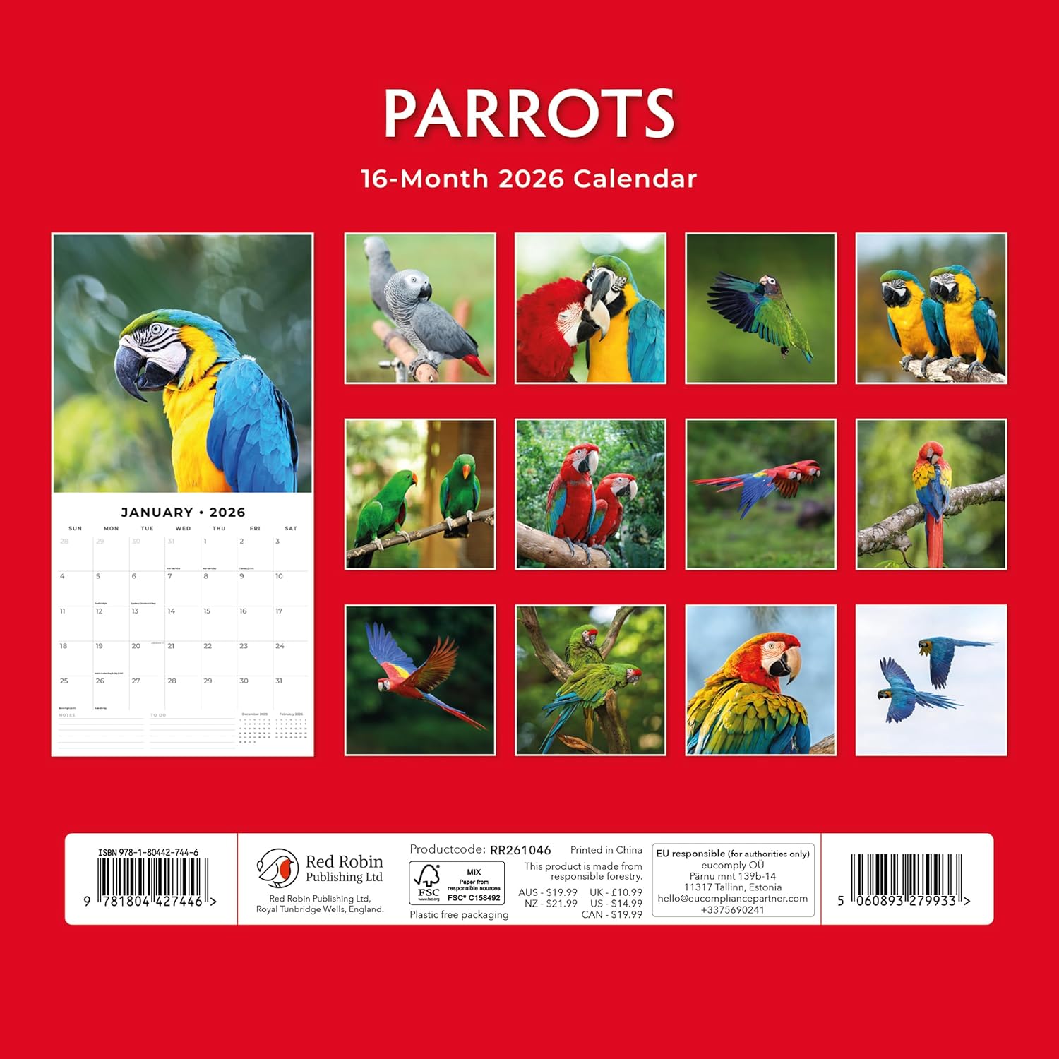 Red Robin 2026 Parrots Monthly Wall Calendar | 12" x 24" Open | Premium Thick & Sturdy Paper | Hangable 12 Month Calendar | Lined Notes & To Do Area | Vivid Images | Plastic Free
