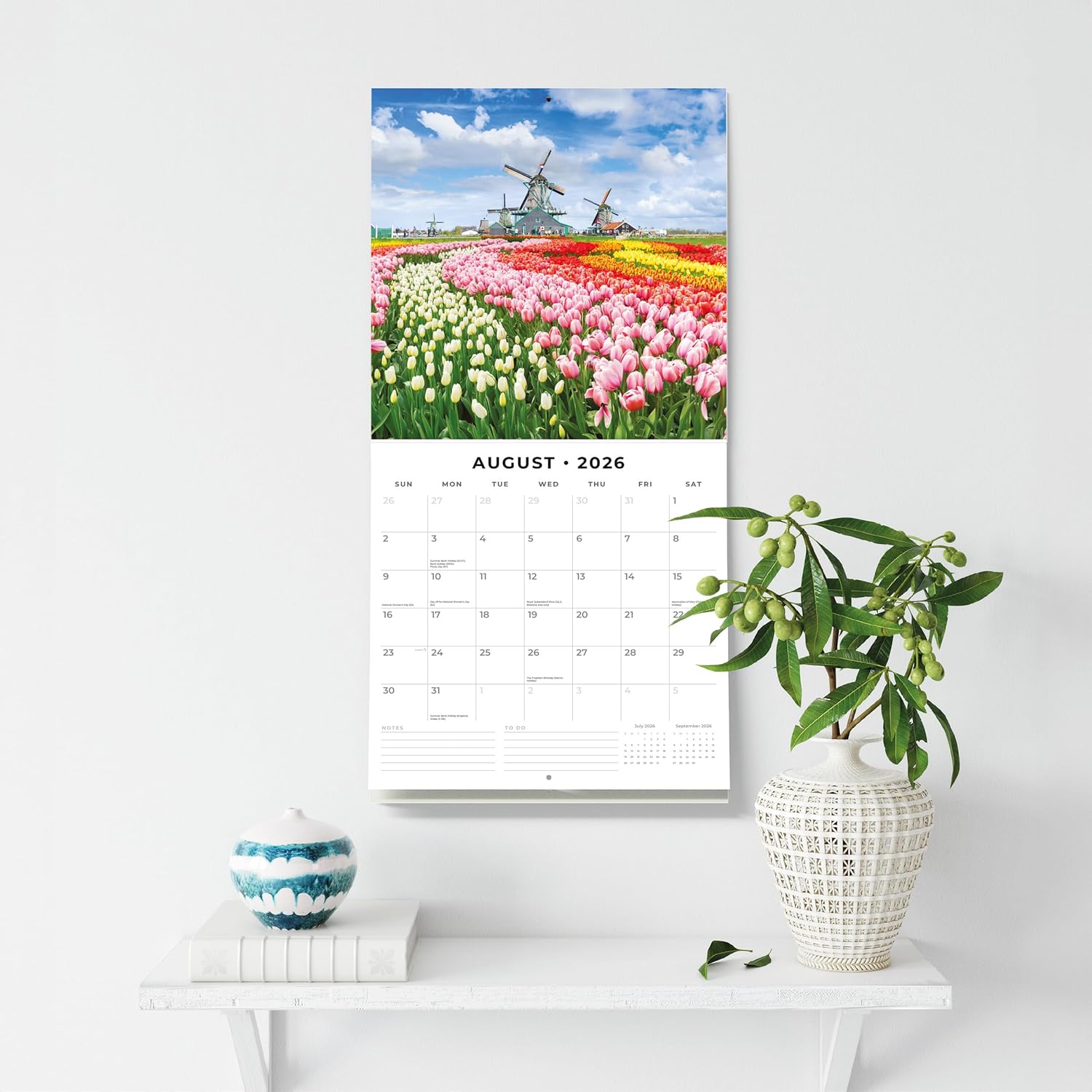 Red Robin 2026 Windmills of Holland Monthly Wall Calendar | 12" x 24" Open | Premium Thick & Sturdy Paper | Hangable 12 Month Calendar | Lined Notes & To Do Area | Vivid Images | Plastic Free