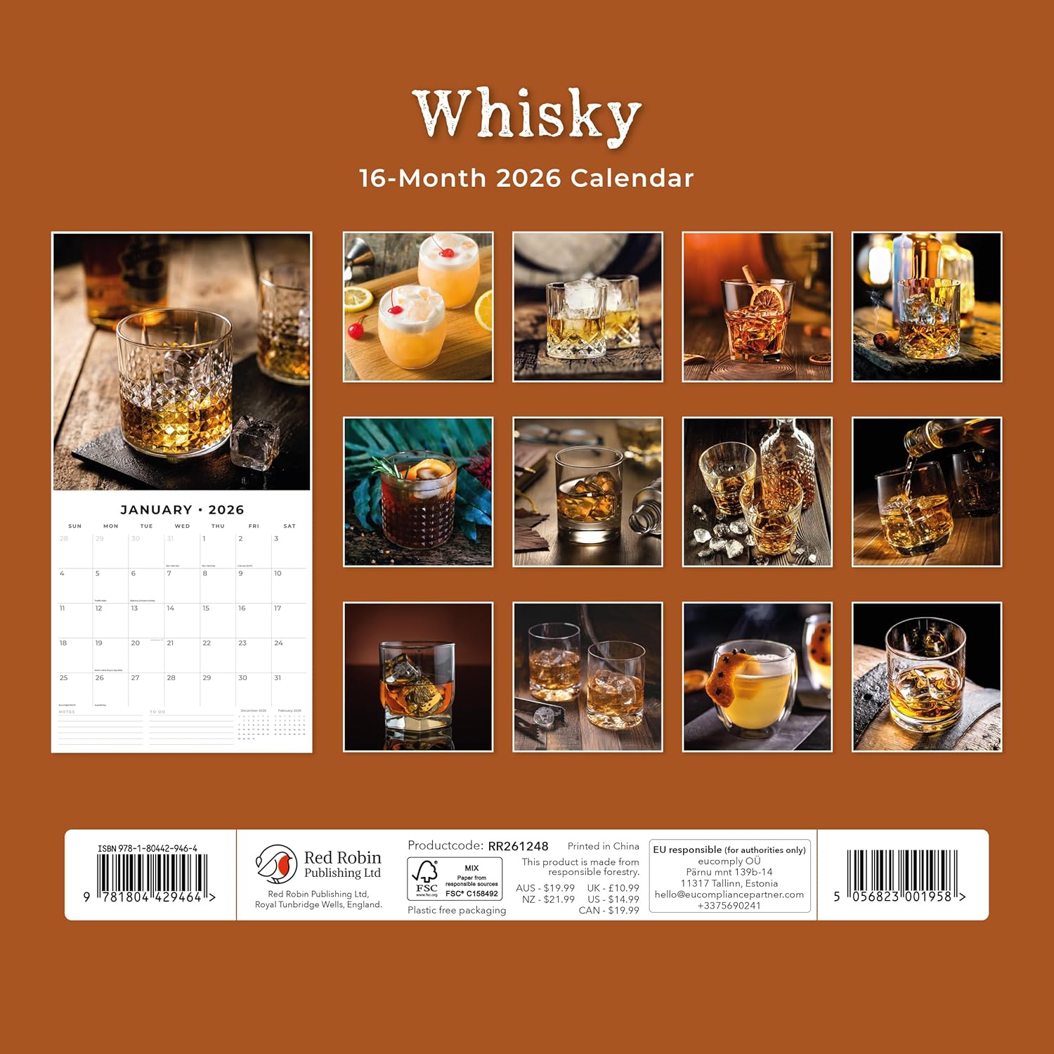 Red Robin 2026 Whisky Monthly Wall Calendar | 12" x 24" Open | Premium Thick & Sturdy Paper | Hangable 12 Month Calendar | Lined Notes & To Do Area | Vivid Images | Plastic Free