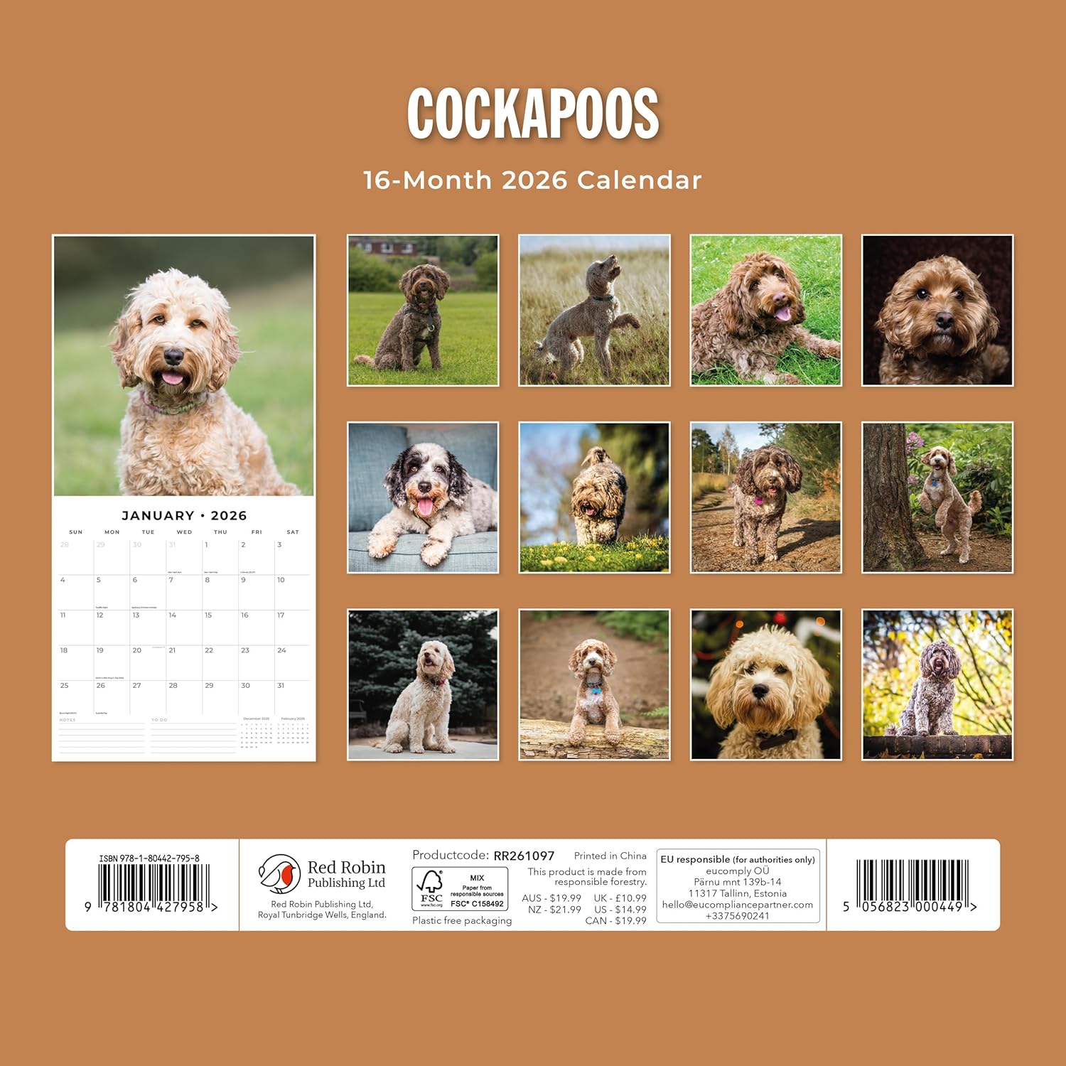 Red Robin 2026 Cockapoos Monthly Wall Calendar | 12" x 24" Open | Premium Thick & Sturdy Paper | Hangable 12 Month Calendar | Lined Notes & To Do Area | Vivid Images | Plastic Free