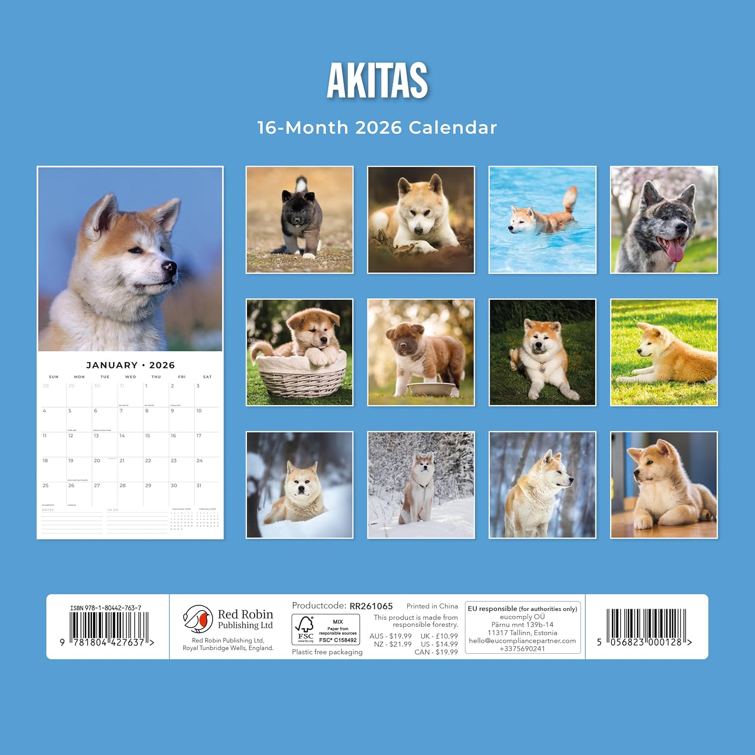 Red Robin 2026 Akitas Monthly Wall Calendar | 12" x 24" Open | Premium Thick & Sturdy Paper | Hangable 12 Month Calendar | Lined Notes & To Do Area | Vivid Images | Plastic Free