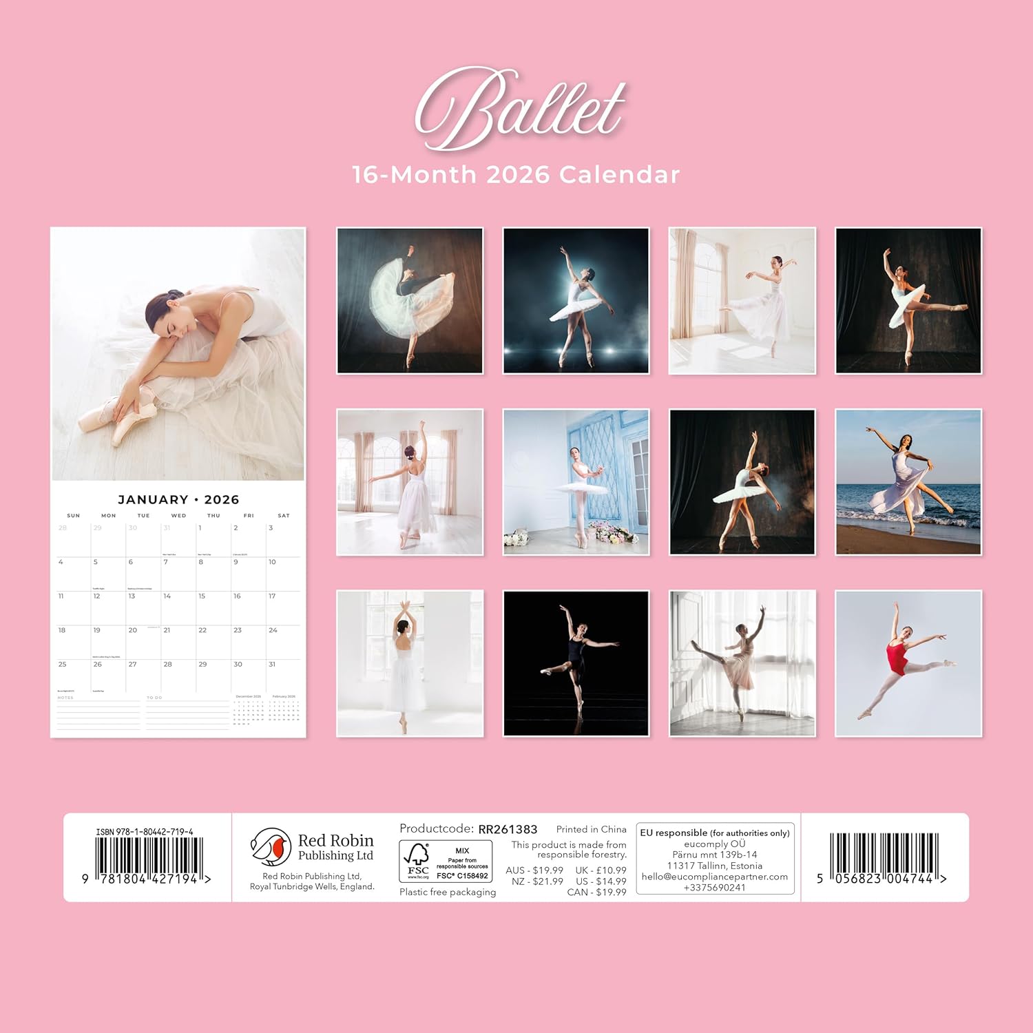 Red Robin 2026 Ballet Monthly Wall Calendar | 12" x 24" Open | Premium Thick & Sturdy Paper | Hangable 12 Month Calendar | Lined Notes & To Do Area | Vivid Images | Plastic Free
