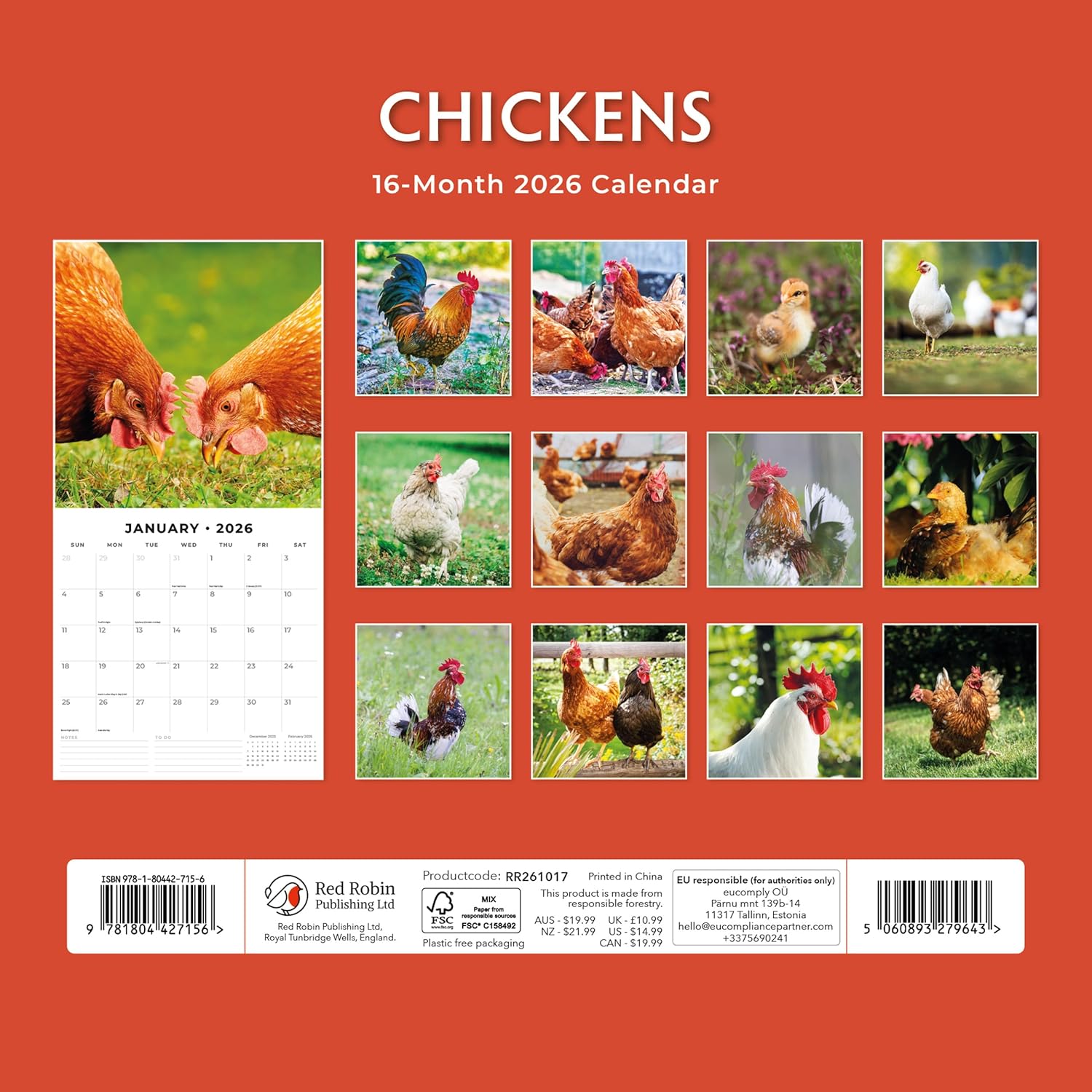 Red Robin 2026 Chickens Monthly Wall Calendar | 12" x 24" Open | Premium Thick & Sturdy Paper | Hangable 12 Month Calendar | Lined Notes & To Do Area | Vivid Images | Plastic Free