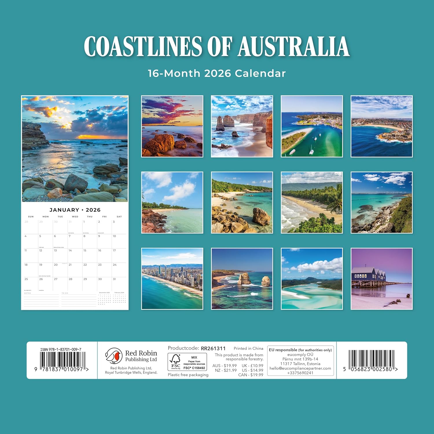 Red Robin 2026 Coastlines of Australia Monthly Wall Calendar | 12" x 24" Open | Premium Thick & Sturdy Paper | Hangable 12 Month Calendar | Lined Notes & To Do Area | Vivid Images | Plastic Free