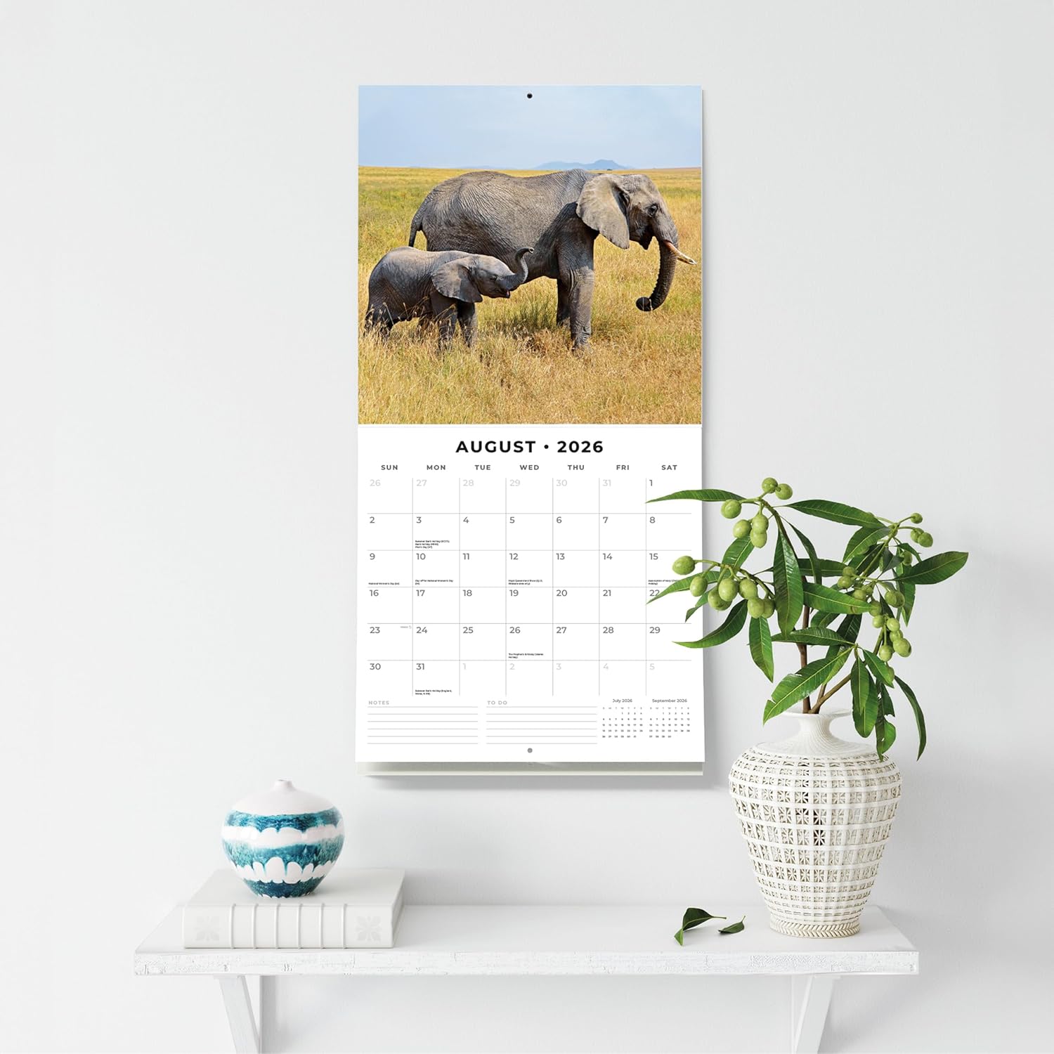 Red Robin 2026 Elephants Monthly Wall Calendar | 12" x 24" Open | Premium Thick & Sturdy Paper | Hangable 12 Month Calendar | Lined Notes & To Do Area | Vivid Images | Plastic Free
