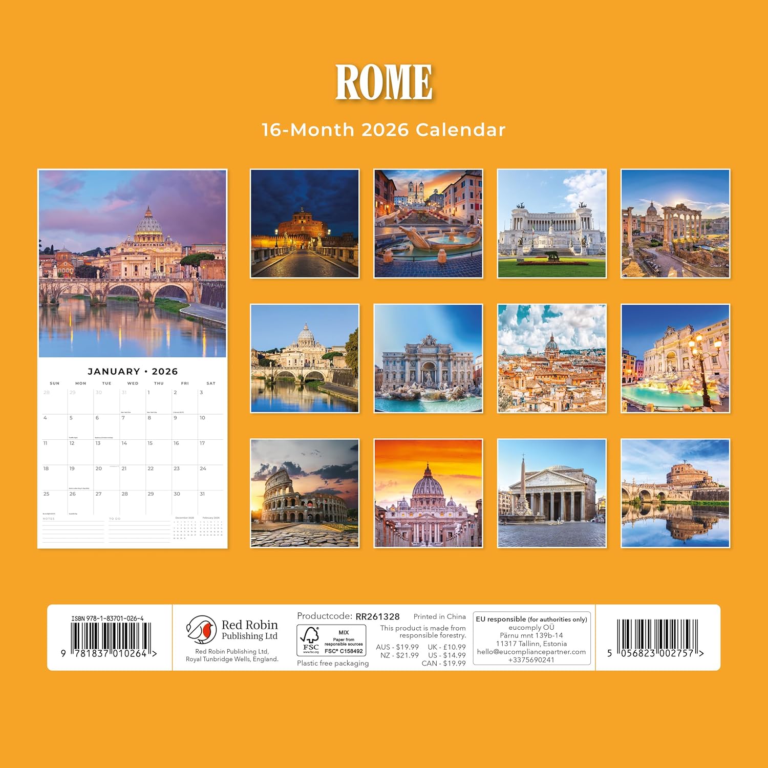 Red Robin 2026 Rome Monthly Wall Calendar | 12" x 24" Open | Premium Thick & Sturdy Paper | Hangable 12 Month Calendar | Lined Notes & To Do Area | Vivid Images | Plastic Free
