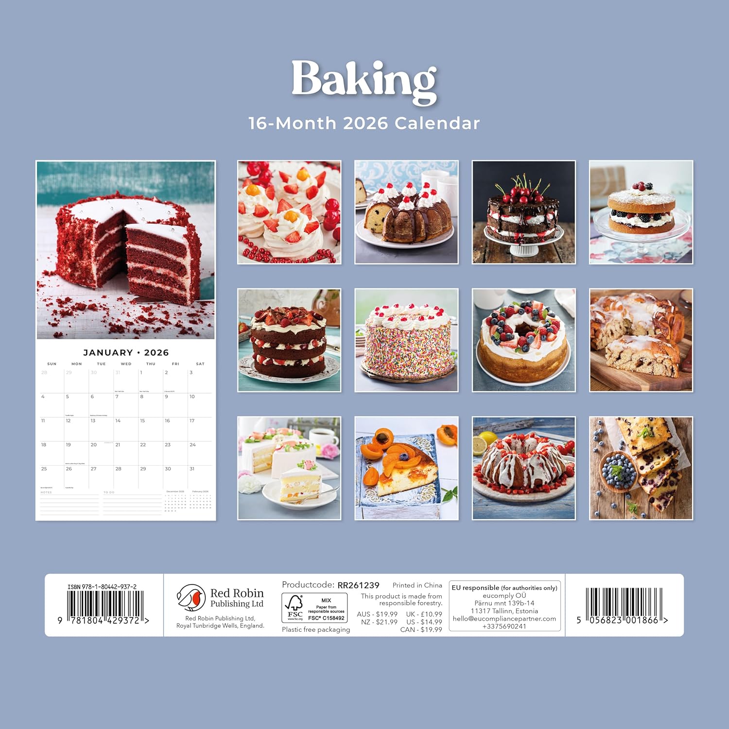 Red Robin 2026 Baking Monthly Wall Calendar | 12" x 24" Open | Premium Thick & Sturdy Paper | Hangable 12 Month Calendar | Lined Notes & To Do Area | Vivid Images | Plastic Free