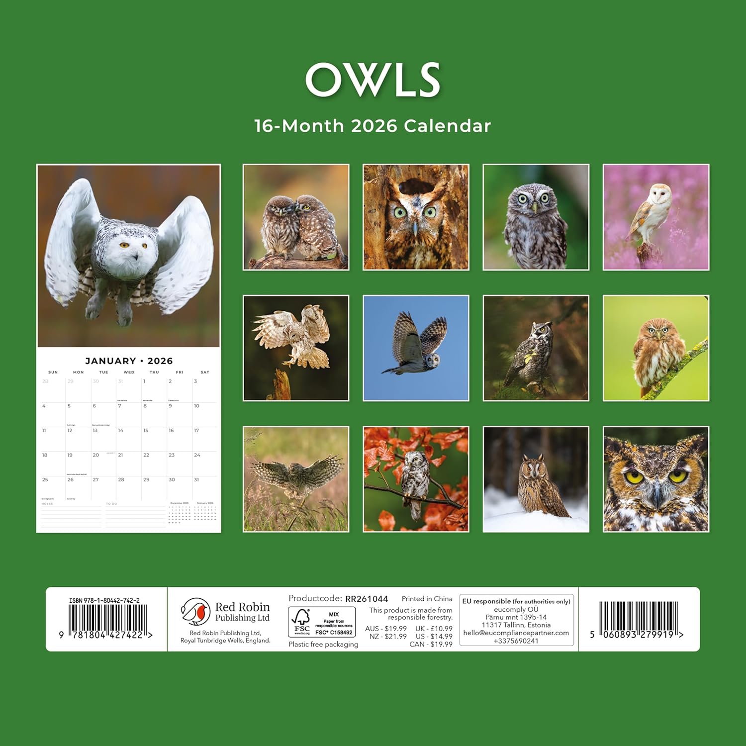 Red Robin 2026 Owls Monthly Wall Calendar | 12" x 24" Open | Premium Thick & Sturdy Paper | Hangable 12 Month Calendar | Lined Notes & To Do Area | Vivid Images | Plastic Free