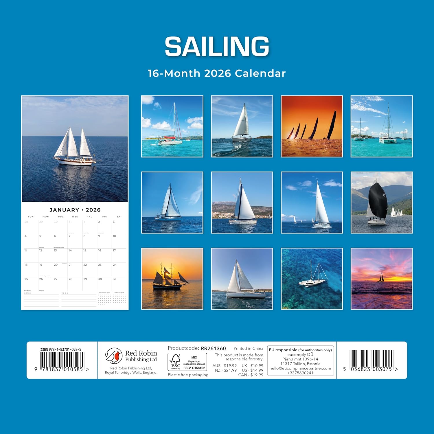 Red Robin 2026 Sailing Monthly Wall Calendar | 12" x 24" Open | Premium Thick & Sturdy Paper | Hangable 12 Month Calendar | Lined Notes & To Do Area | Vivid Images | Plastic Free