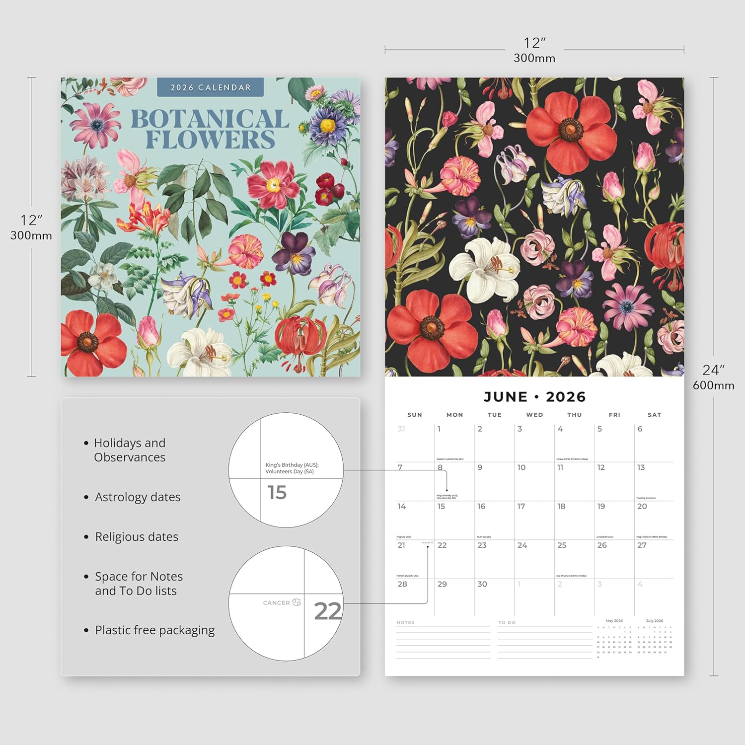 Red Robin 2026 Botanical Flowers Monthly Wall Calendar | 12" x 24" Open | Premium Thick & Sturdy Paper | Hangable 12 Month Calendar | Lined Notes & To Do Area | Vivid Images | Plastic Free