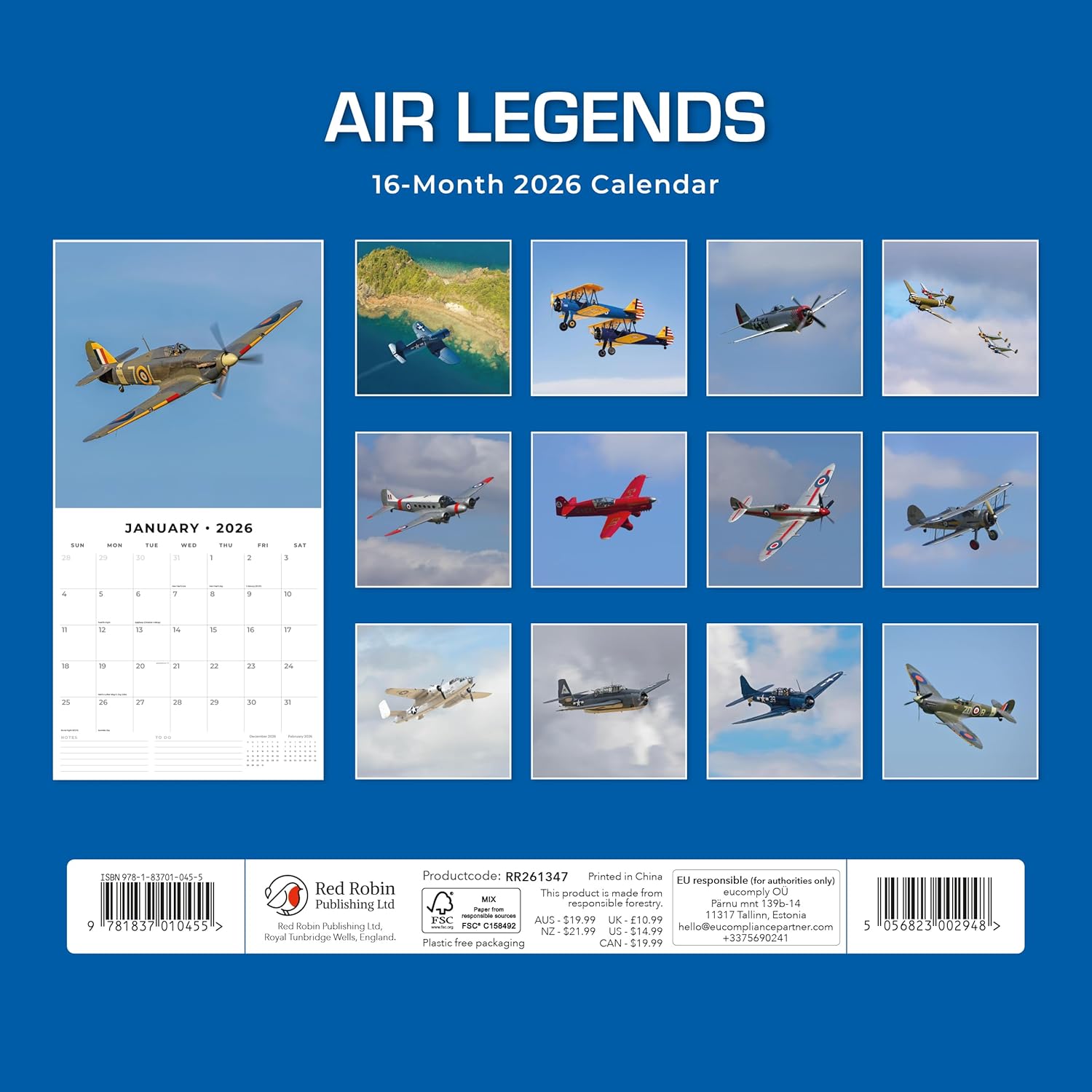 Red Robin 2026 Air Legends Monthly Wall Calendar | 12" x 24" Open | Premium Thick & Sturdy Paper | Hangable 12 Month Calendar | Lined Notes & To Do Area | Vivid Images | Plastic Free