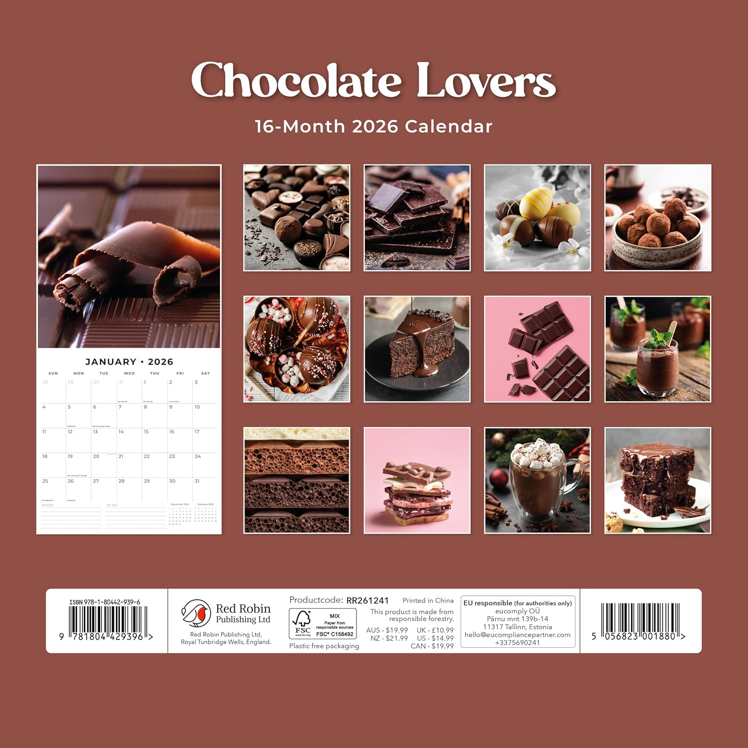 Red Robin 2026 Chocolate Lovers Monthly Wall Calendar | 12" x 24" Open | Premium Thick & Sturdy Paper | Hangable 12 Month Calendar | Lined Notes & To Do Area | Vivid Images | Plastic Free