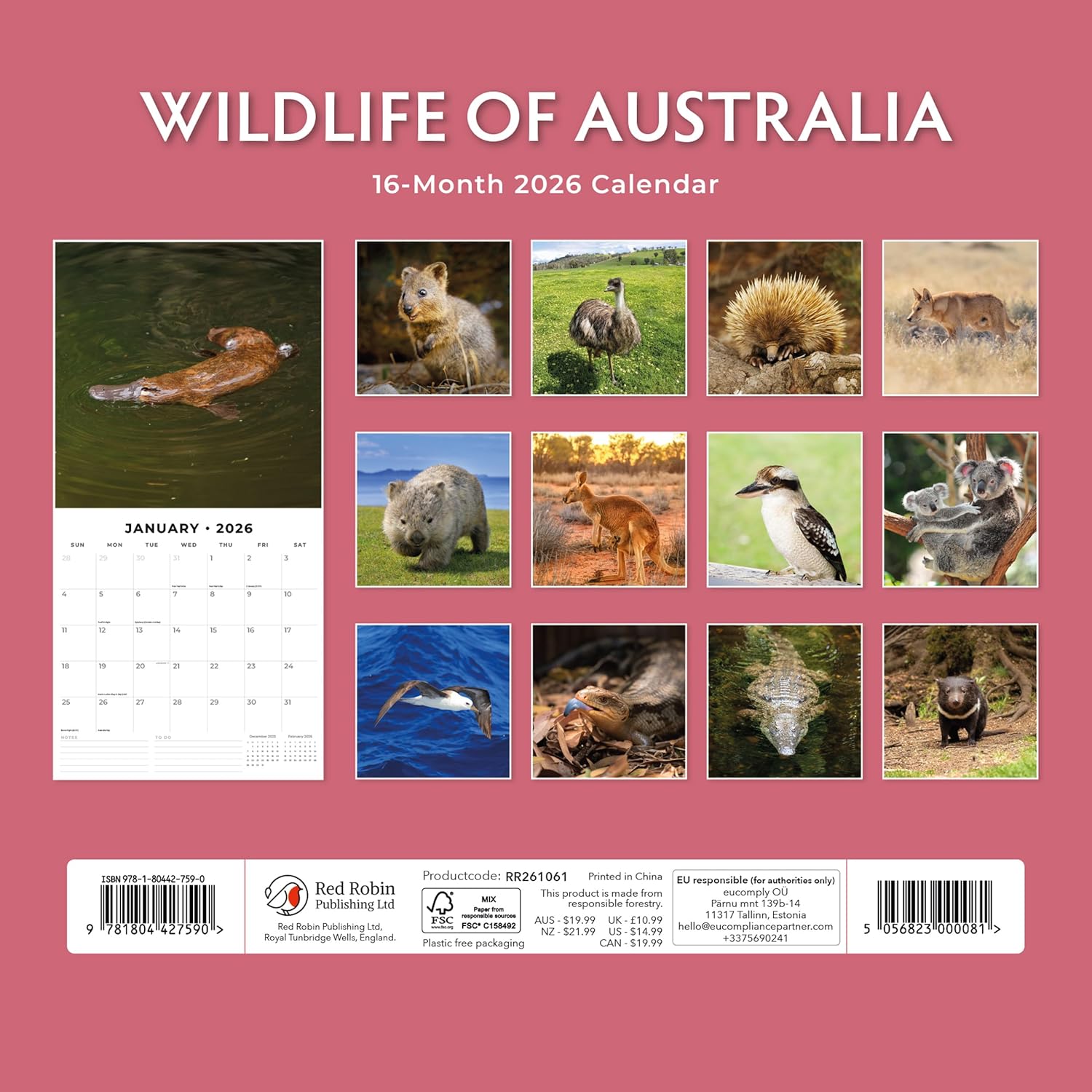 Red Robin 2026 Wildlife of Australia Monthly Wall Calendar | 12" x 24" Open | Premium Thick & Sturdy Paper | Hangable 12 Month Calendar | Lined Notes & To Do Area | Vivid Images | Plastic Free