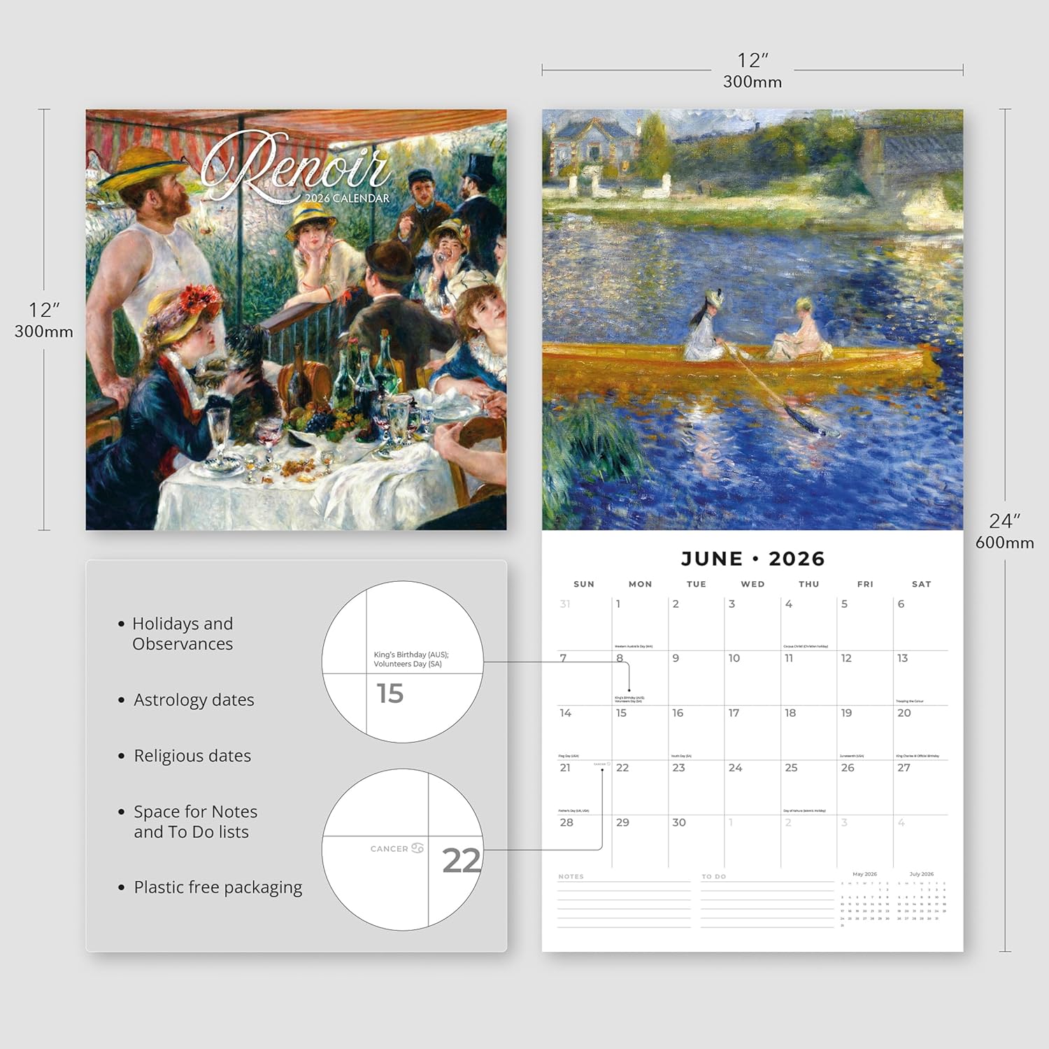 Red Robin 2026 Renoir Monthly Wall Calendar | 12" x 24" Open | Premium Thick & Sturdy Paper | Hangable 12 Month Calendar | Lined Notes & To Do Area | Vivid Images | Plastic Free