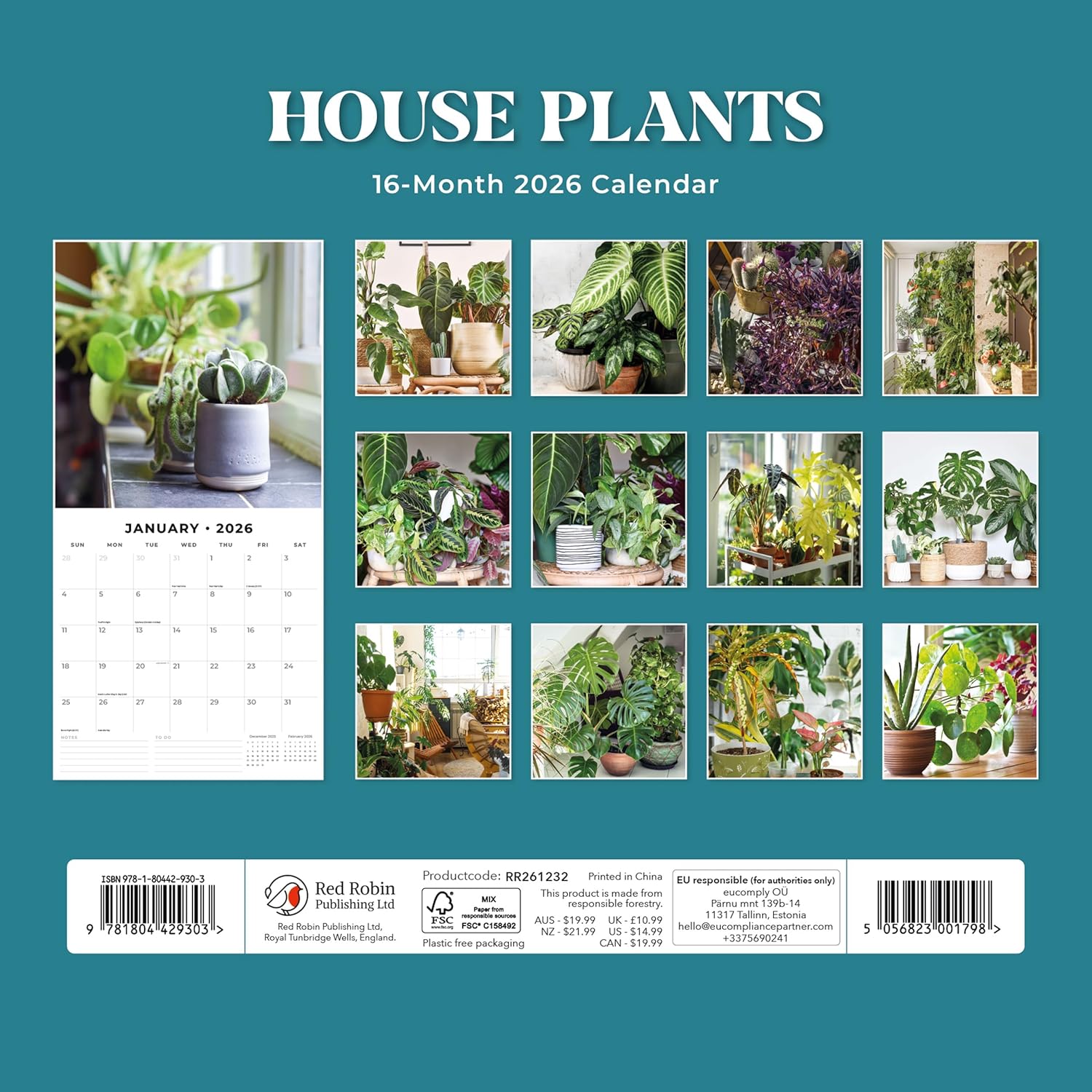 Red Robin 2026 House Plants Monthly Wall Calendar | 12" x 24" Open | Premium Thick & Sturdy Paper | Hangable 12 Month Calendar | Lined Notes & To Do Area | Vivid Images | Plastic Free