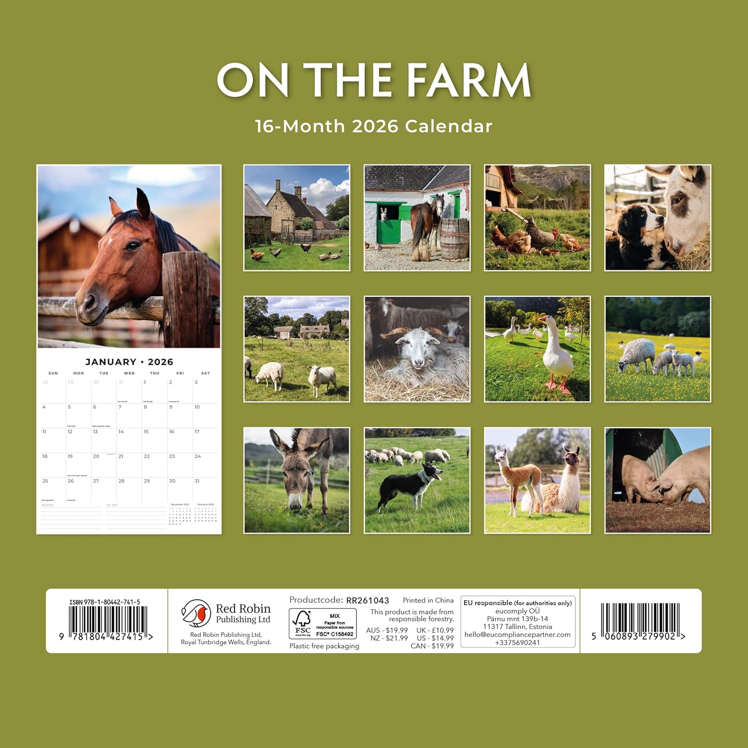 Red Robin 2026 On The Farm Monthly Wall Calendar | 12" x 24" Open | Premium Thick & Sturdy Paper | Hangable 12 Month Calendar | Lined Notes & To Do Area | Vivid Images | Plastic Free