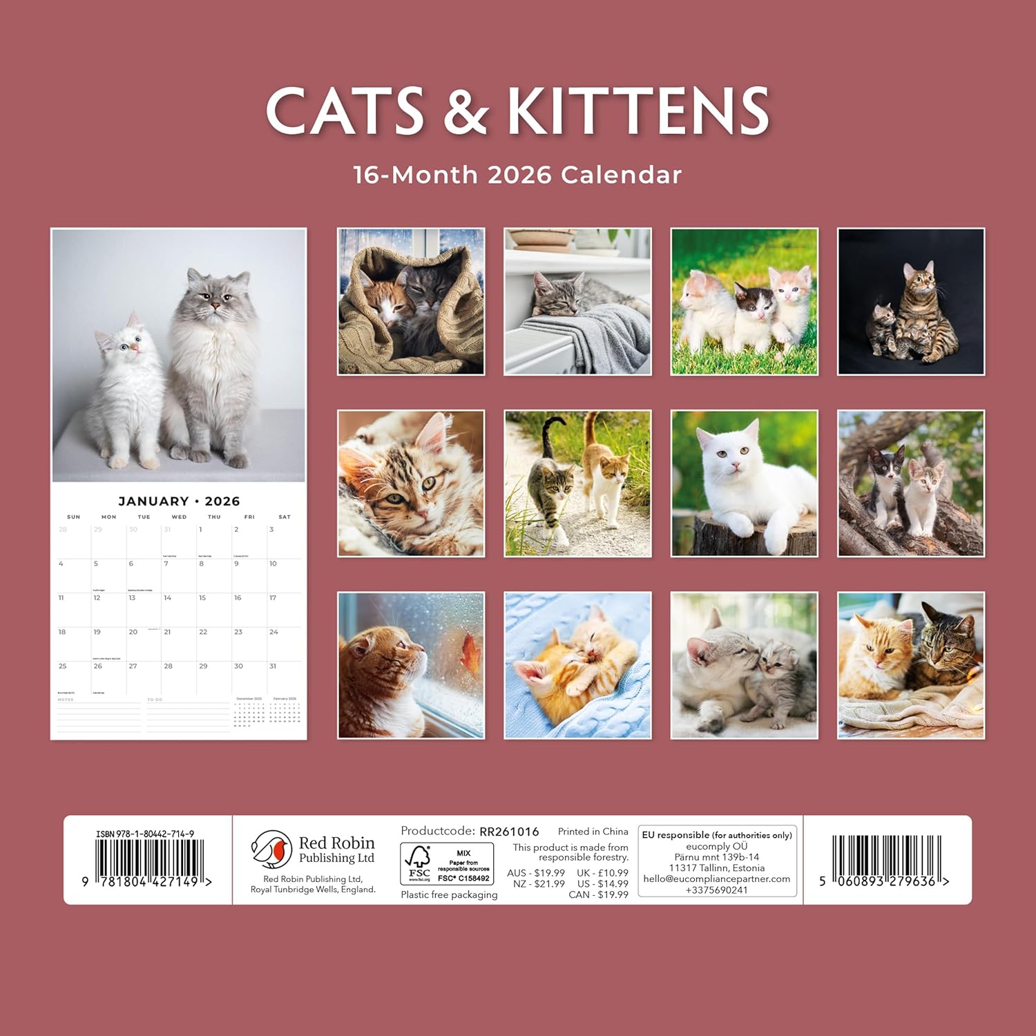 Red Robin 2026 Cats & Kittens Monthly Wall Calendar | 12" x 24" Open | Premium Thick & Sturdy Paper | Hangable 12 Month Calendar | Lined Notes & To Do Area | Vivid Images | Plastic Free