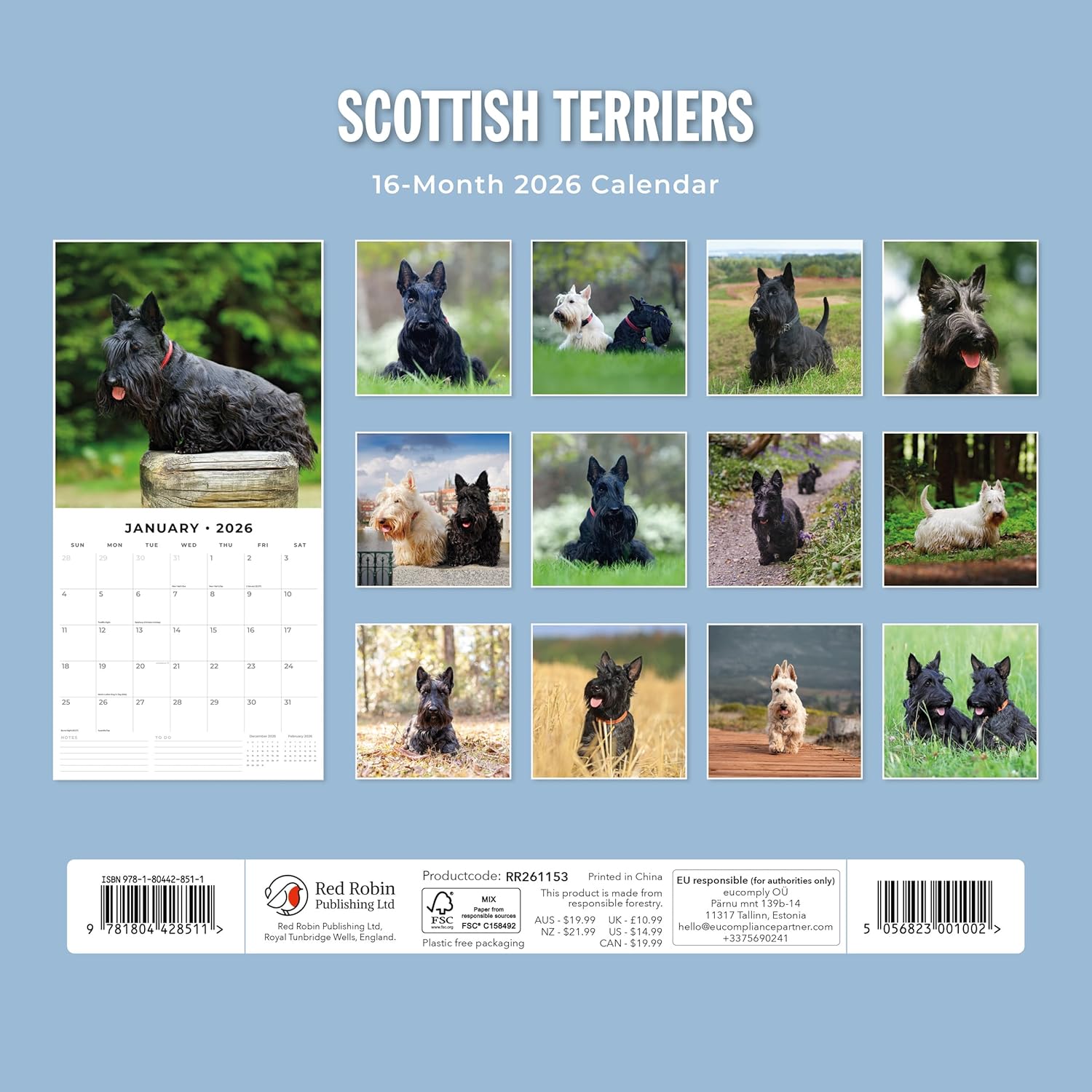 Red Robin 2026 Scottish Terriers Monthly Wall Calendar | 12" x 24" Open | Premium Thick & Sturdy Paper | Hangable 12 Month Calendar | Lined Notes & To Do Area | Vivid Images | Plastic Free