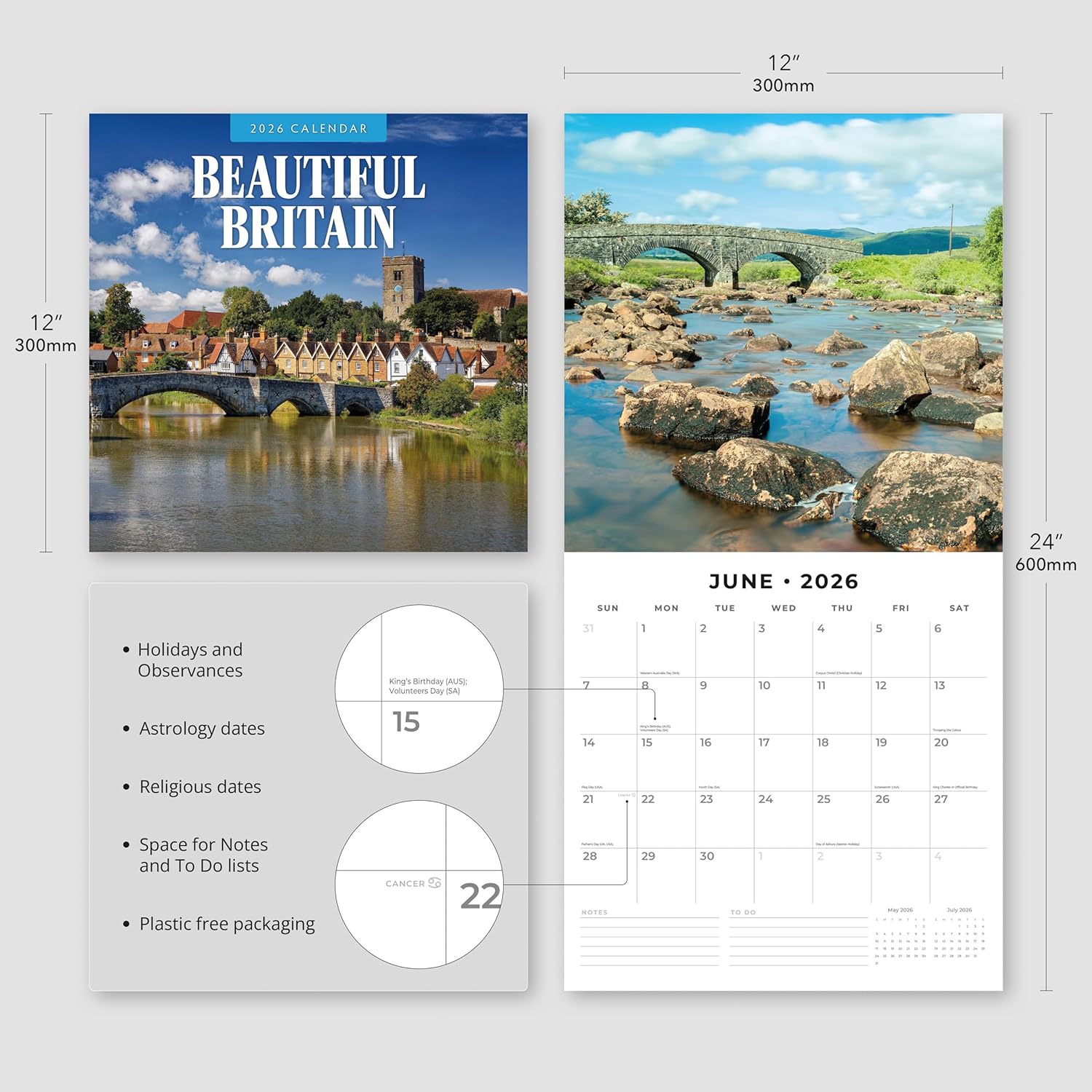 Red Robin 2026 Beautiful Britain Monthly Wall Calendar | 12" x 24" Open | Premium Thick & Sturdy Paper | Hangable 12 Month Calendar | Lined Notes & To Do Area | Vivid Images | Plastic Free