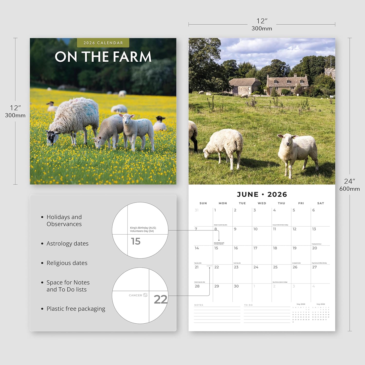 Red Robin 2026 On The Farm Monthly Wall Calendar | 12" x 24" Open | Premium Thick & Sturdy Paper | Hangable 12 Month Calendar | Lined Notes & To Do Area | Vivid Images | Plastic Free