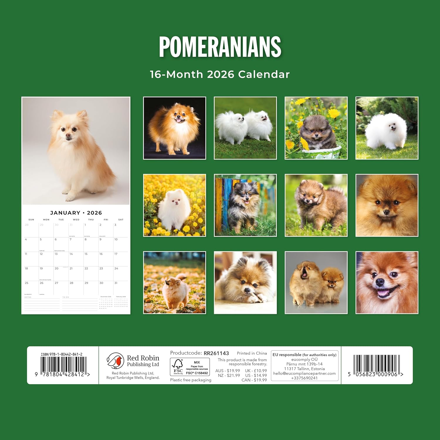 Red Robin 2026 Pomeranians Monthly Wall Calendar | 12" x 24" Open | Premium Thick & Sturdy Paper | Hangable 12 Month Calendar | Lined Notes & To Do Area | Vivid Images | Plastic Free