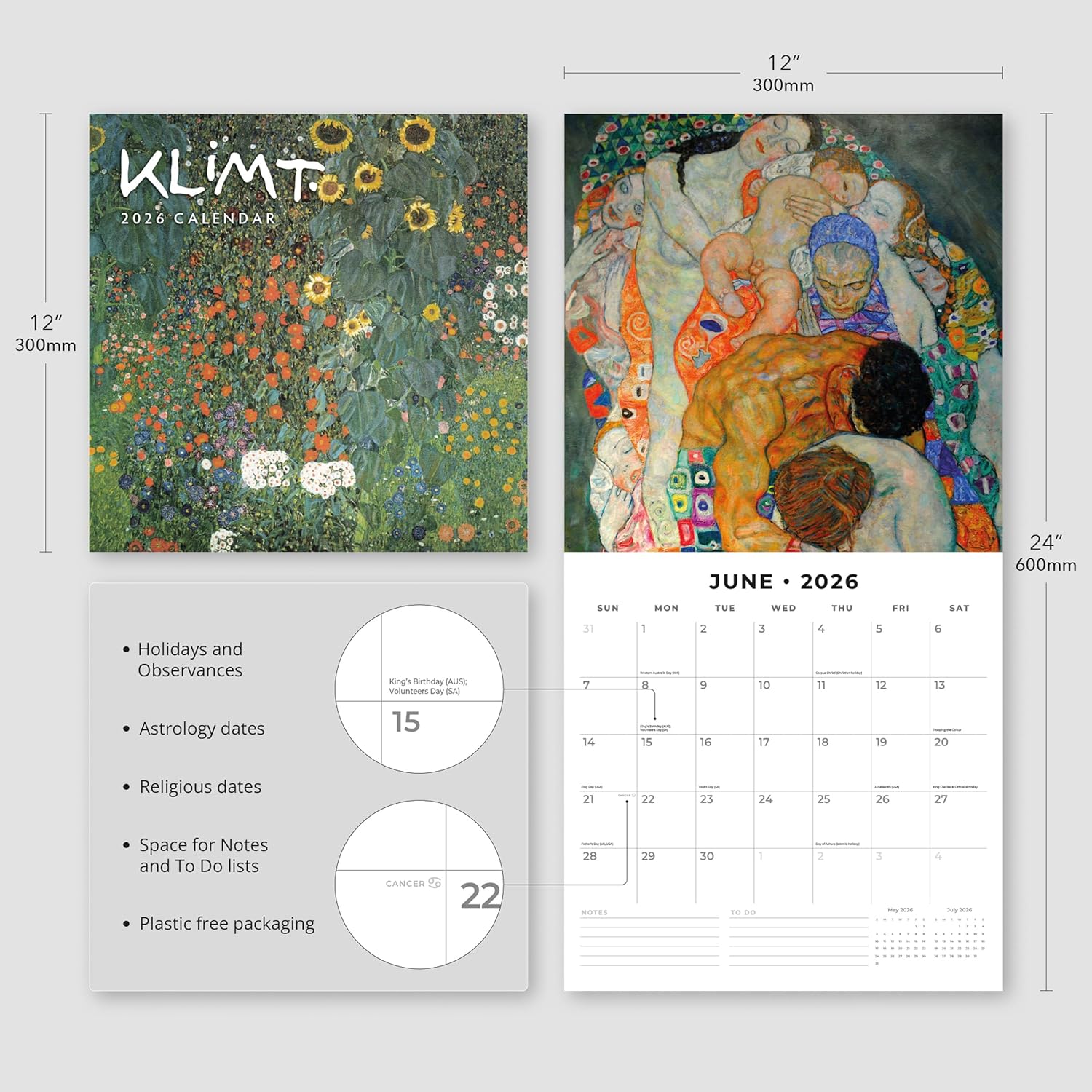 Red Robin 2026 Klimt Monthly Wall Calendar | 12" x 24" Open | Premium Thick & Sturdy Paper | Hangable 12 Month Calendar | Lined Notes & To Do Area | Vivid Images | Plastic Free
